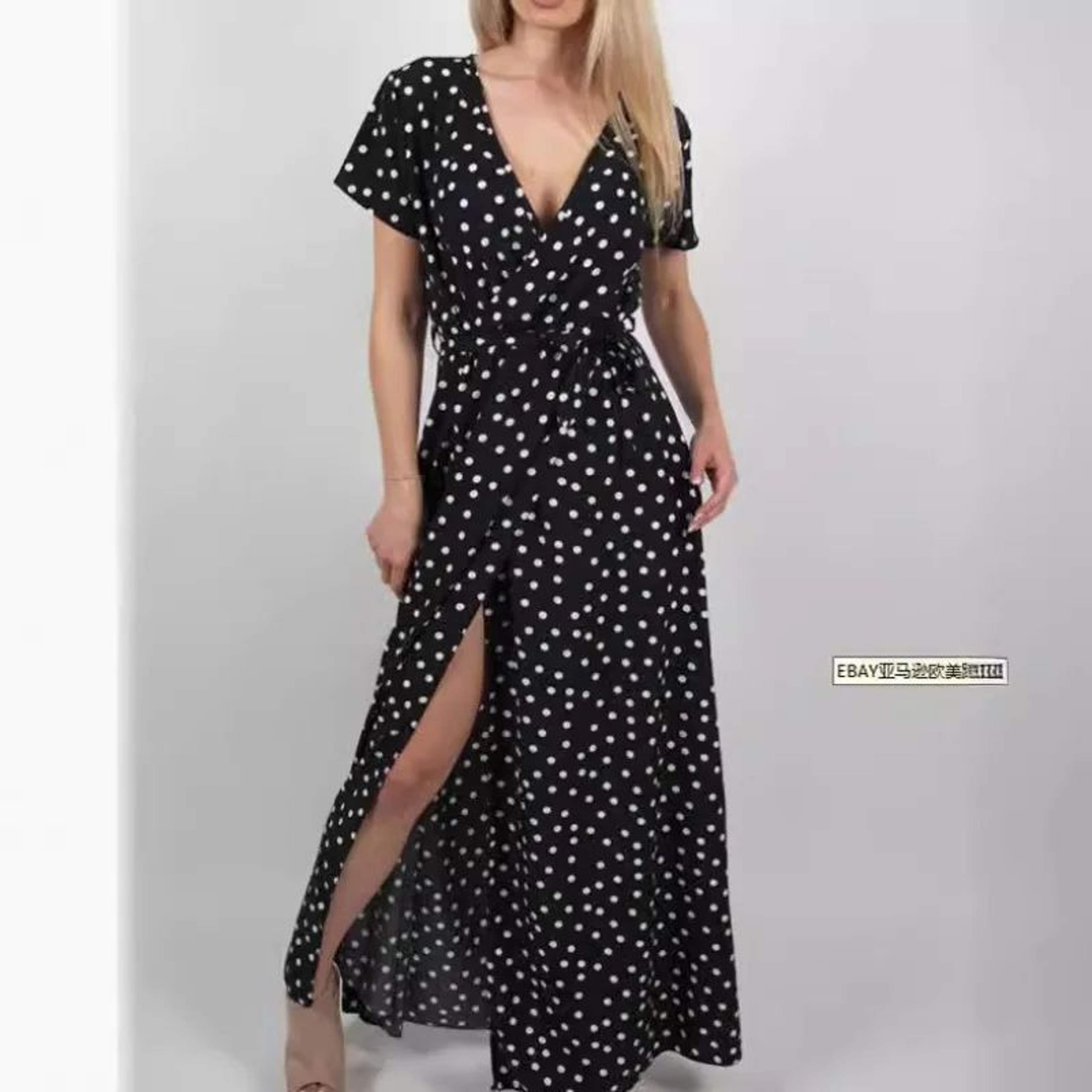 Women White Boho Polka Dot V Neck Summer Maxi Dress 7