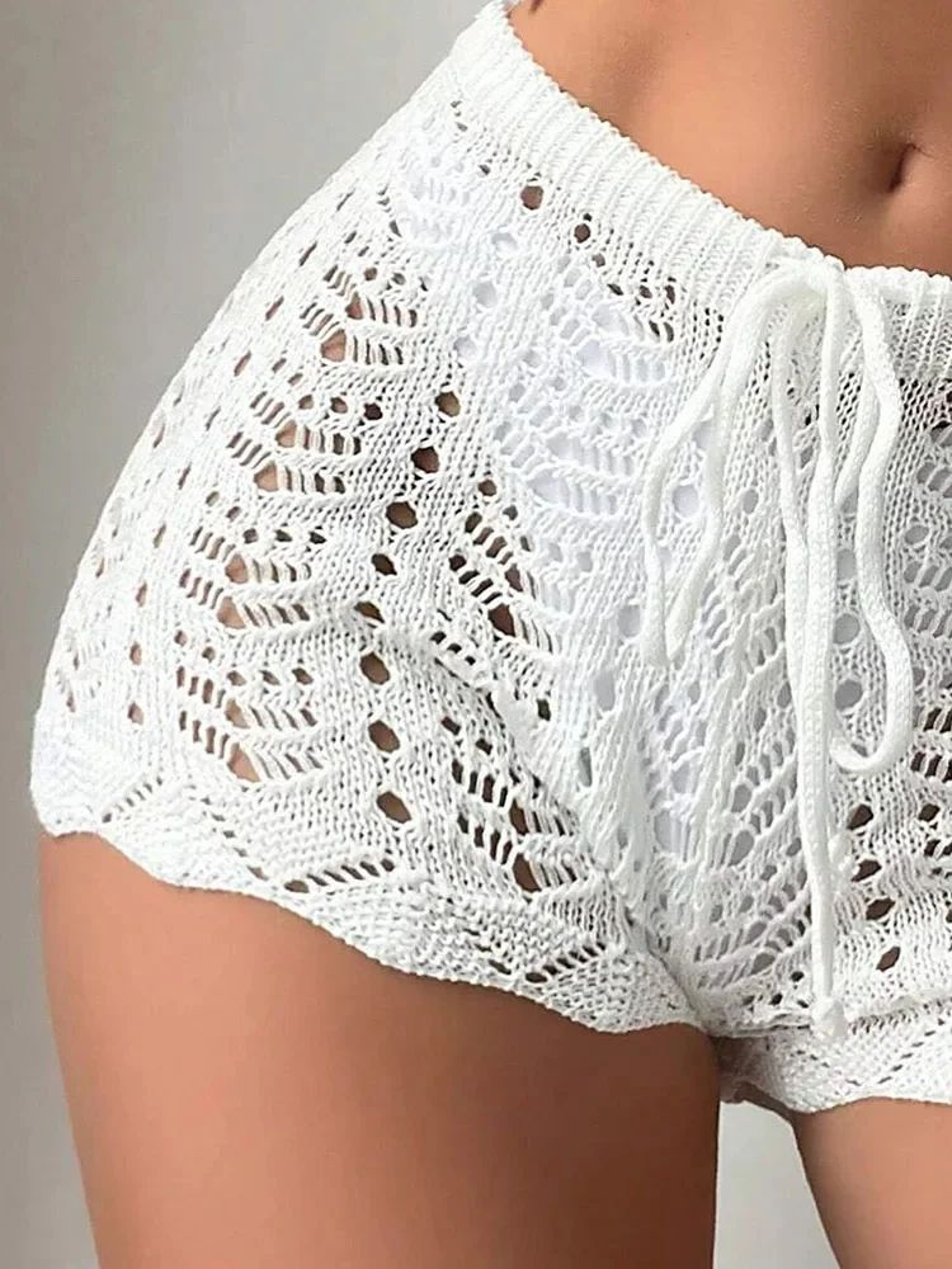 Women Hollow Knit Drawstring Beach Bikini Shorts 4