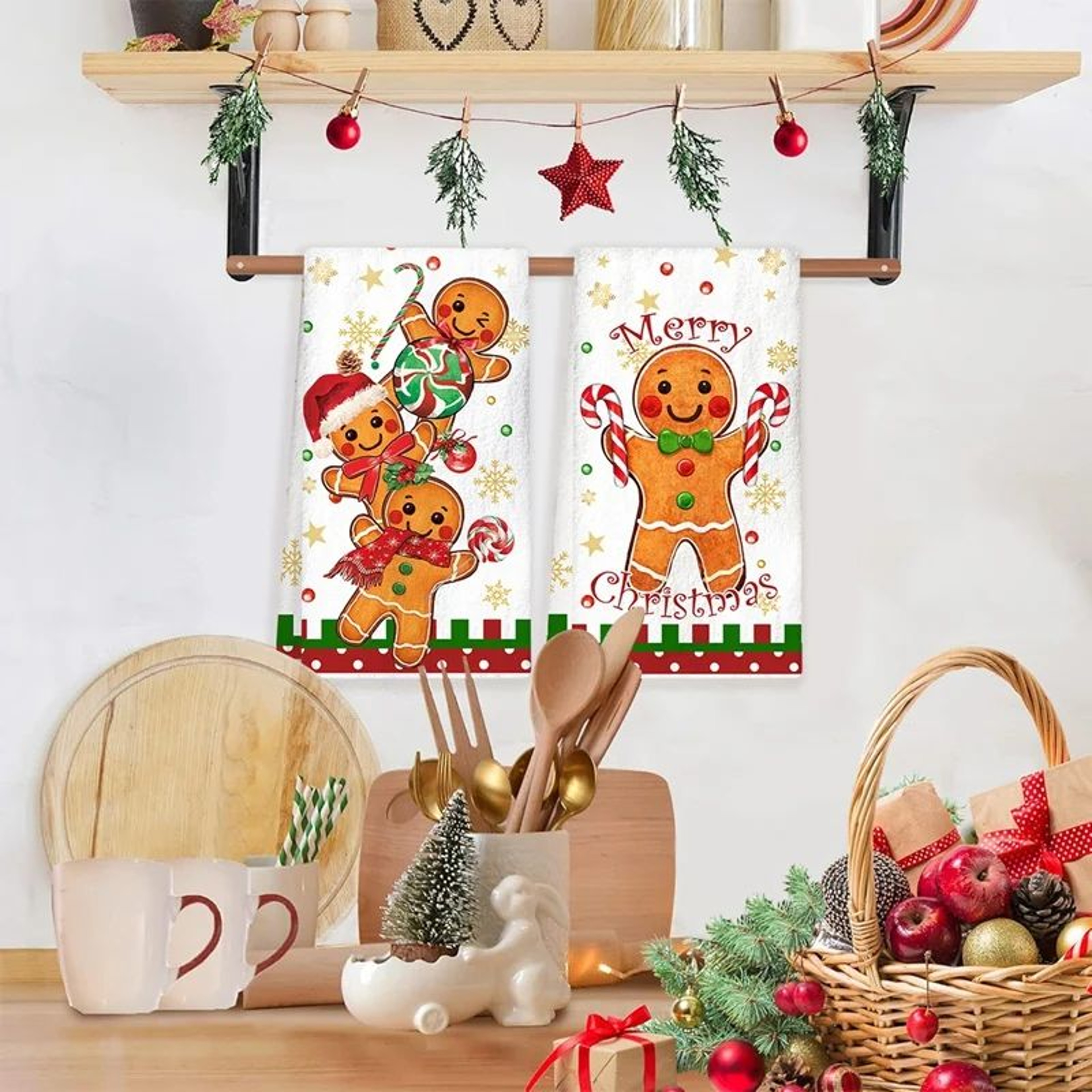 Merry Christmas Gingerbread Man Kitchen Towels Set 4