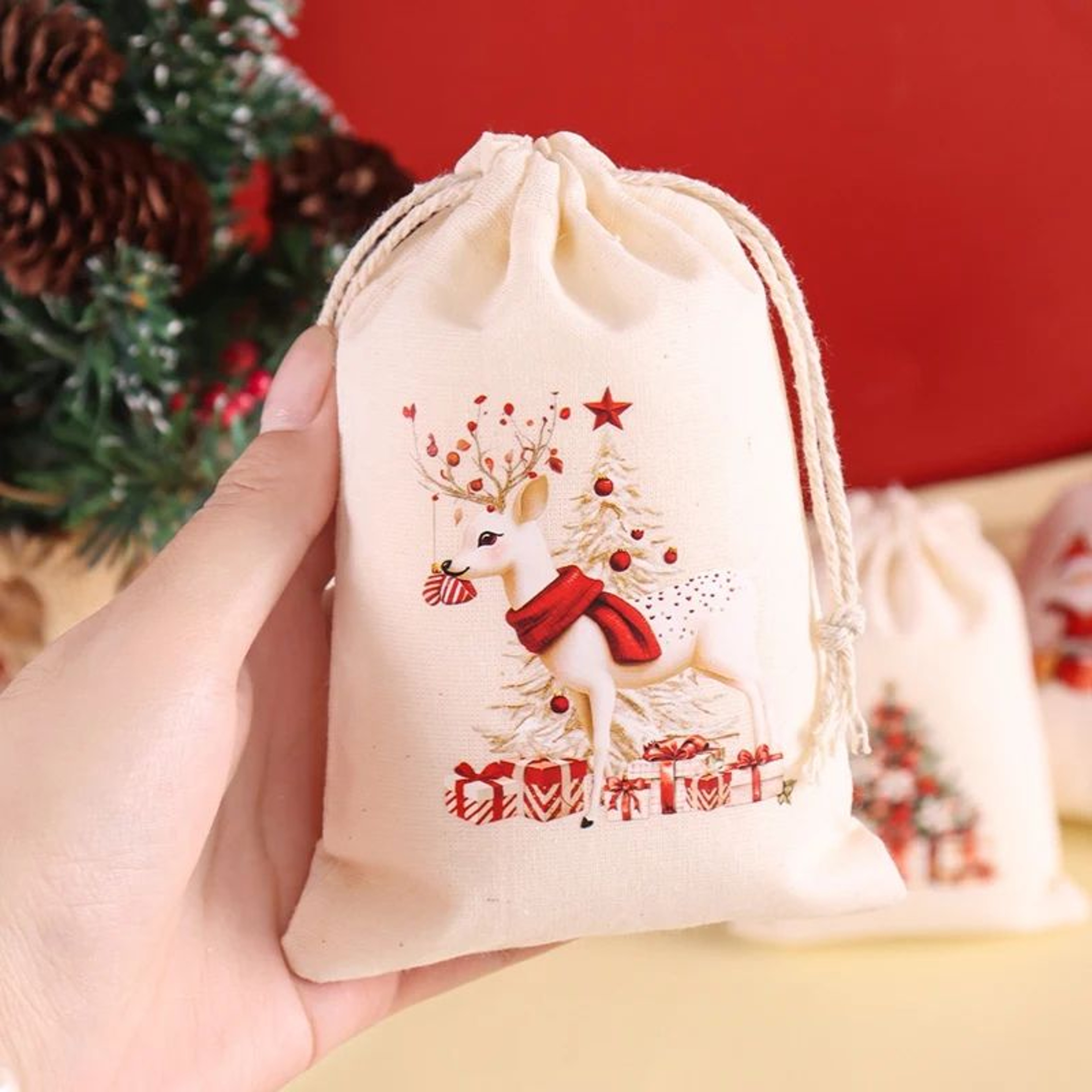 Christmas Linen Drawstring Gift Bags Set 3