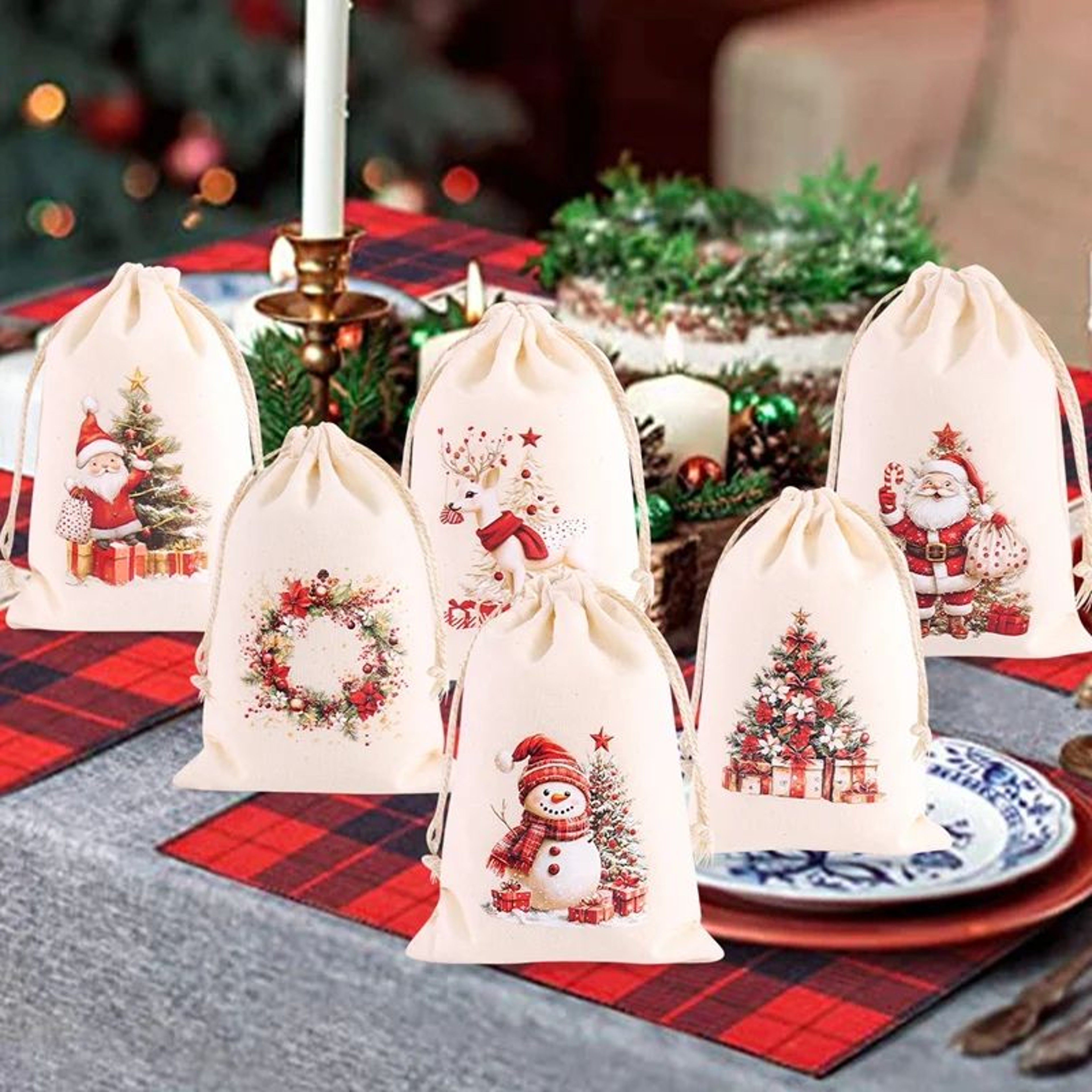Christmas Linen Drawstring Gift Bags Set 4