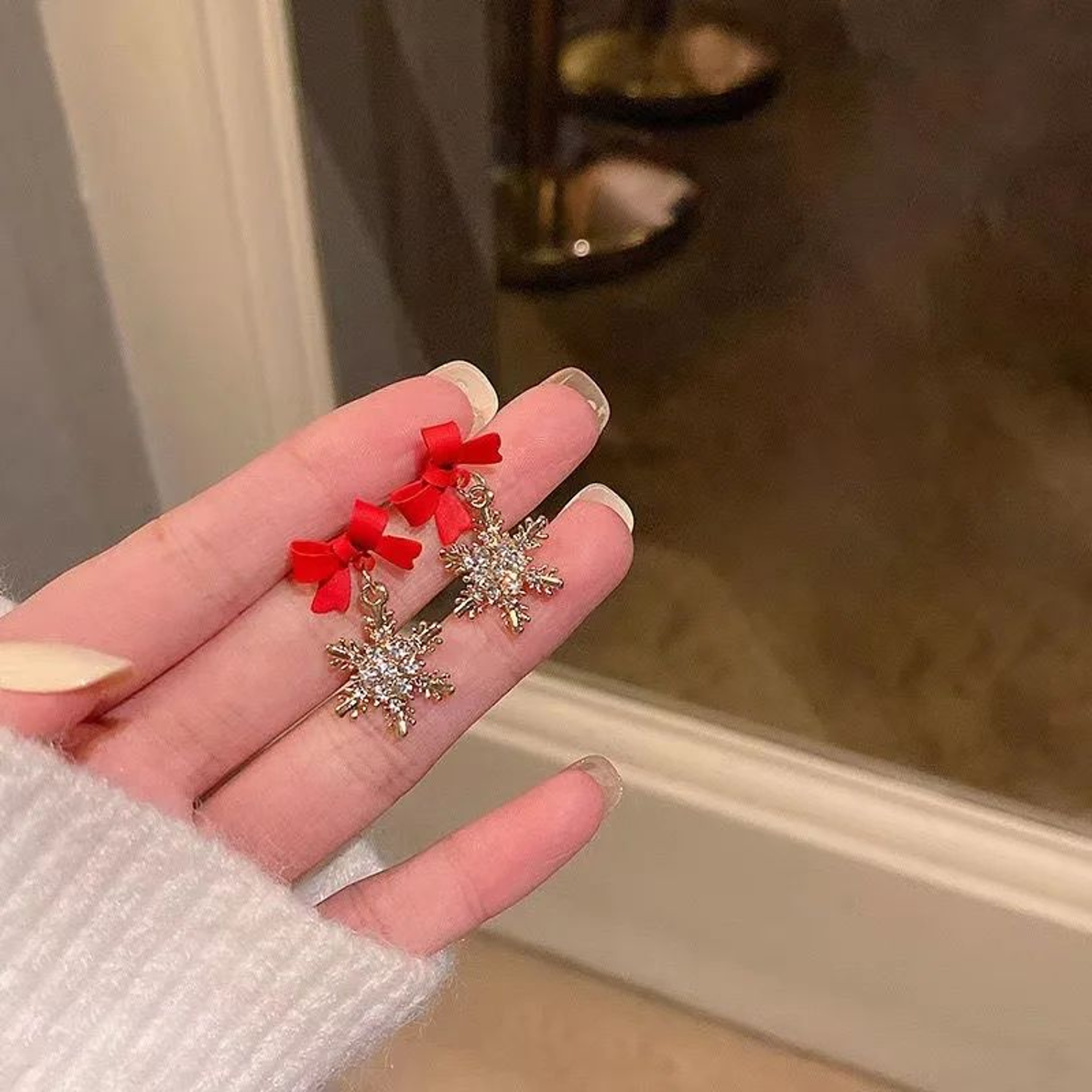Red Bow Snowflake Christmas Drop Earrings For Women 0