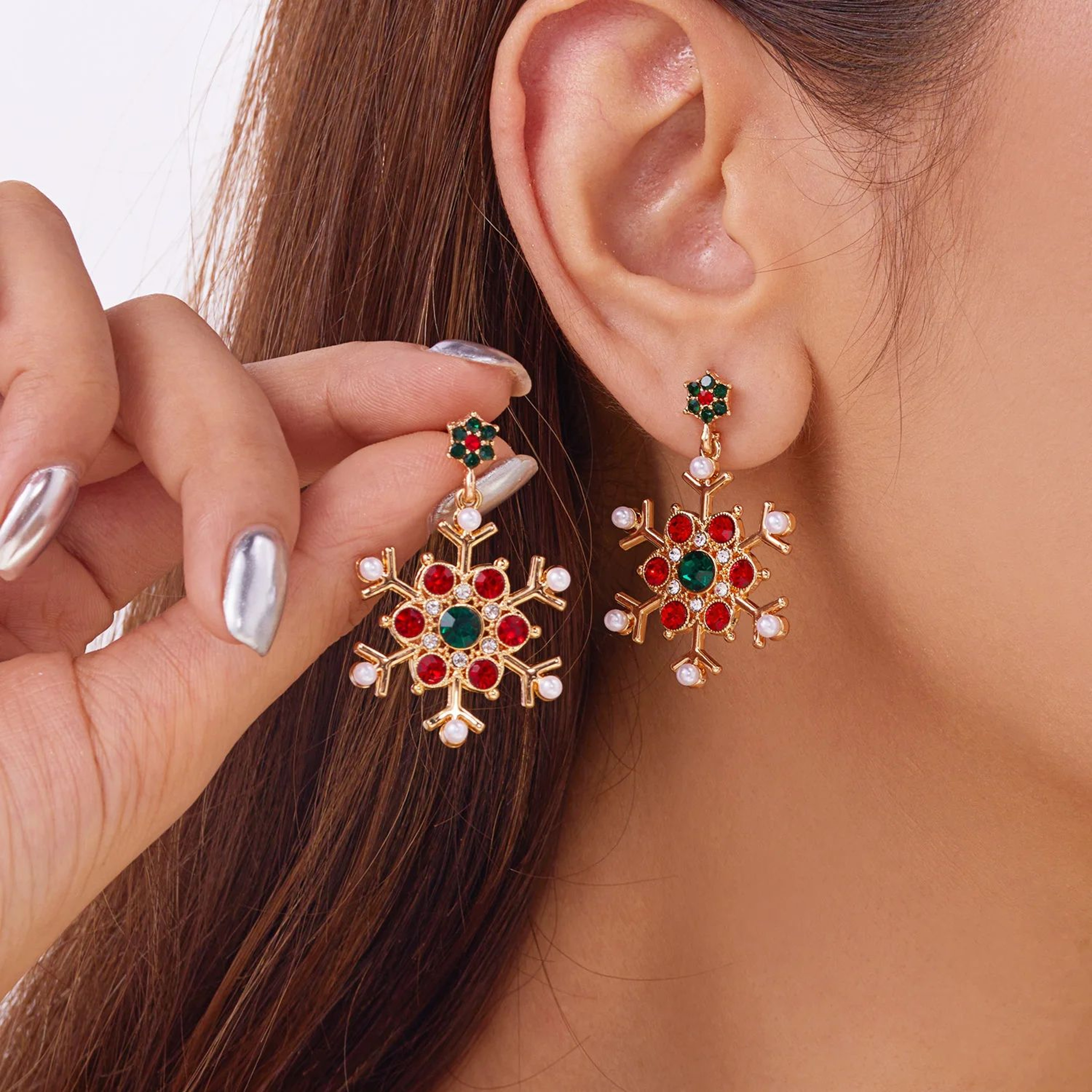 Crystal Snowflake Pearl Christmas Stud Earrings For Women 0