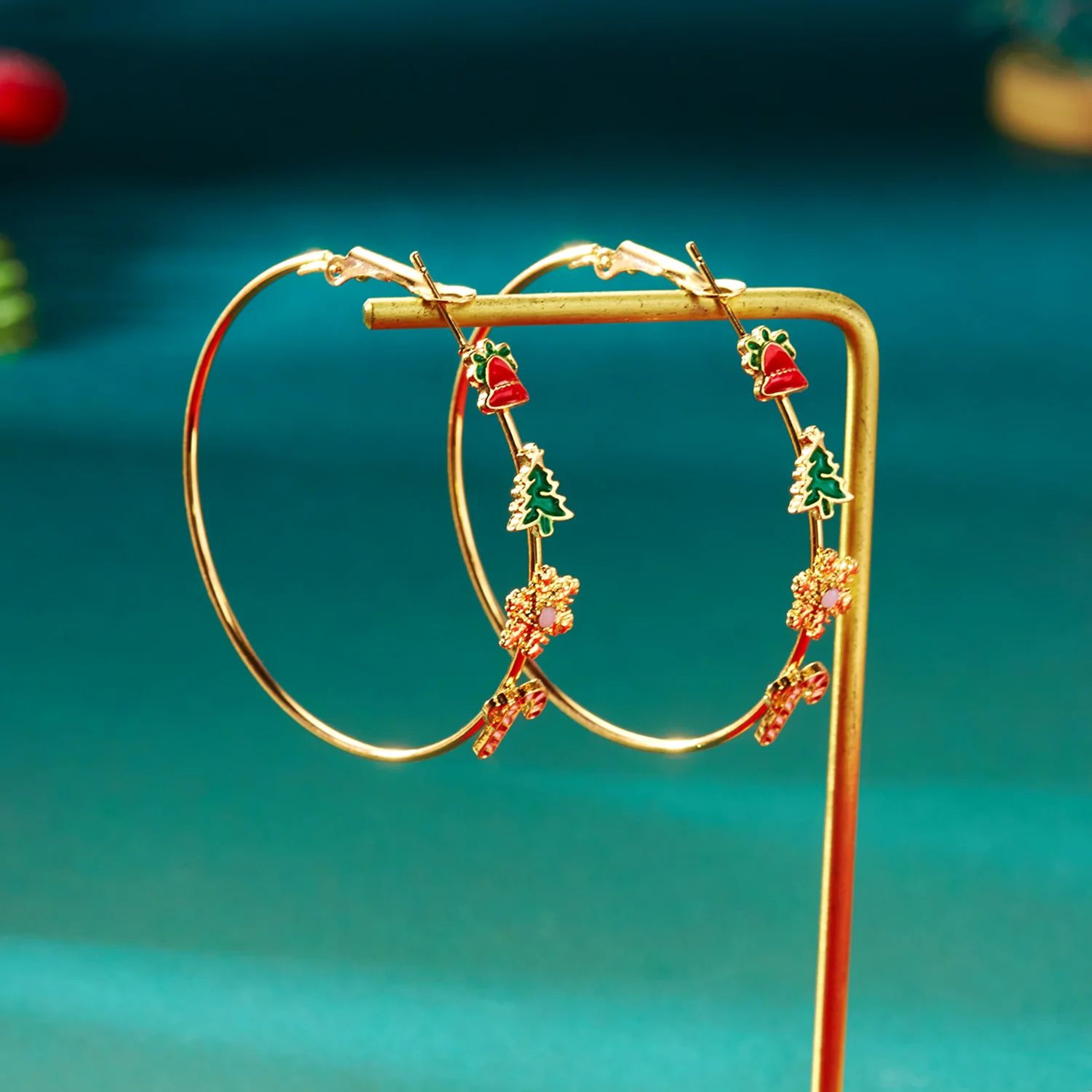 Enamel Christmas Tree Snowflake Candy Cane Hoop Earrings 1