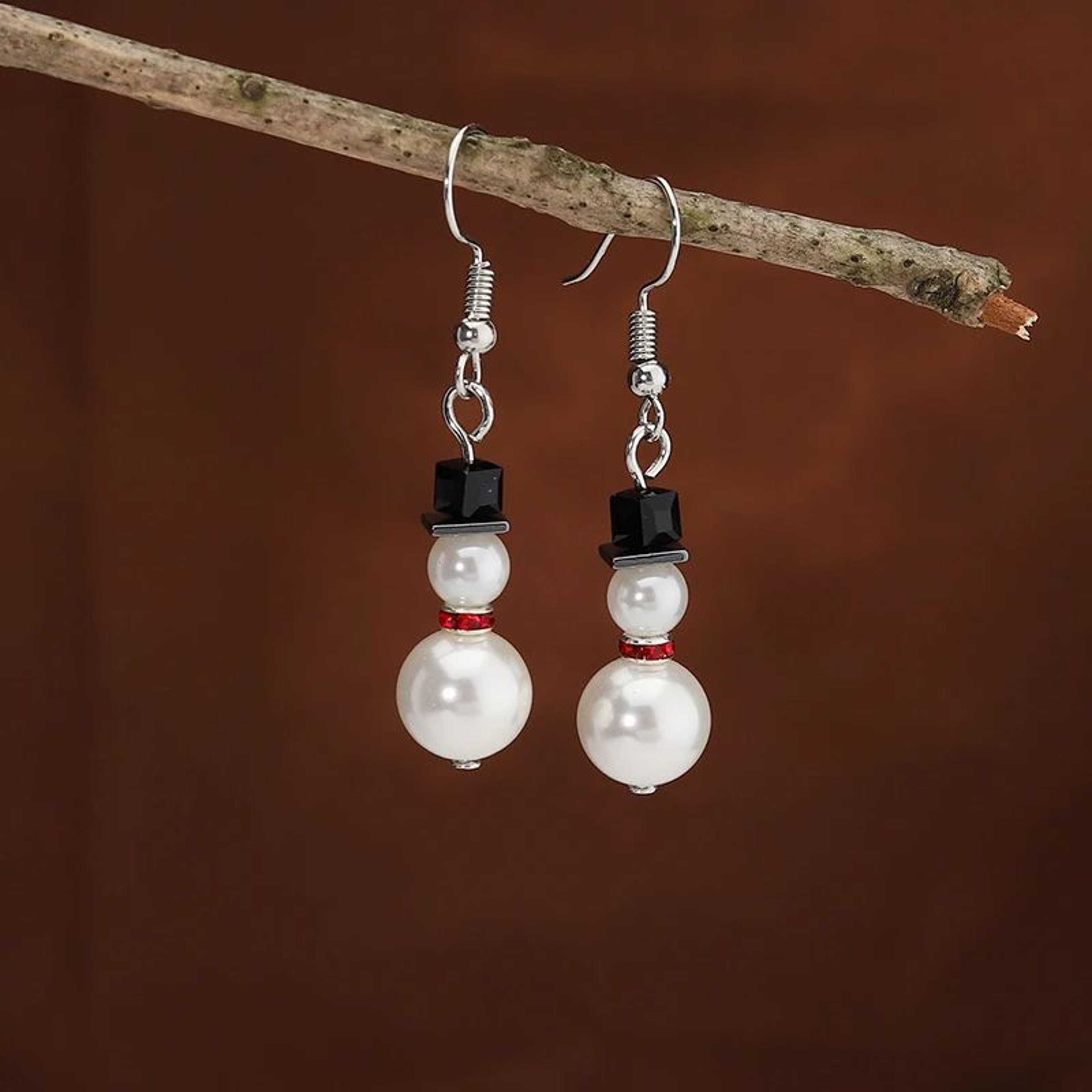 Pearl Snowman Rhinestone Snowflake Drop Earrings 7