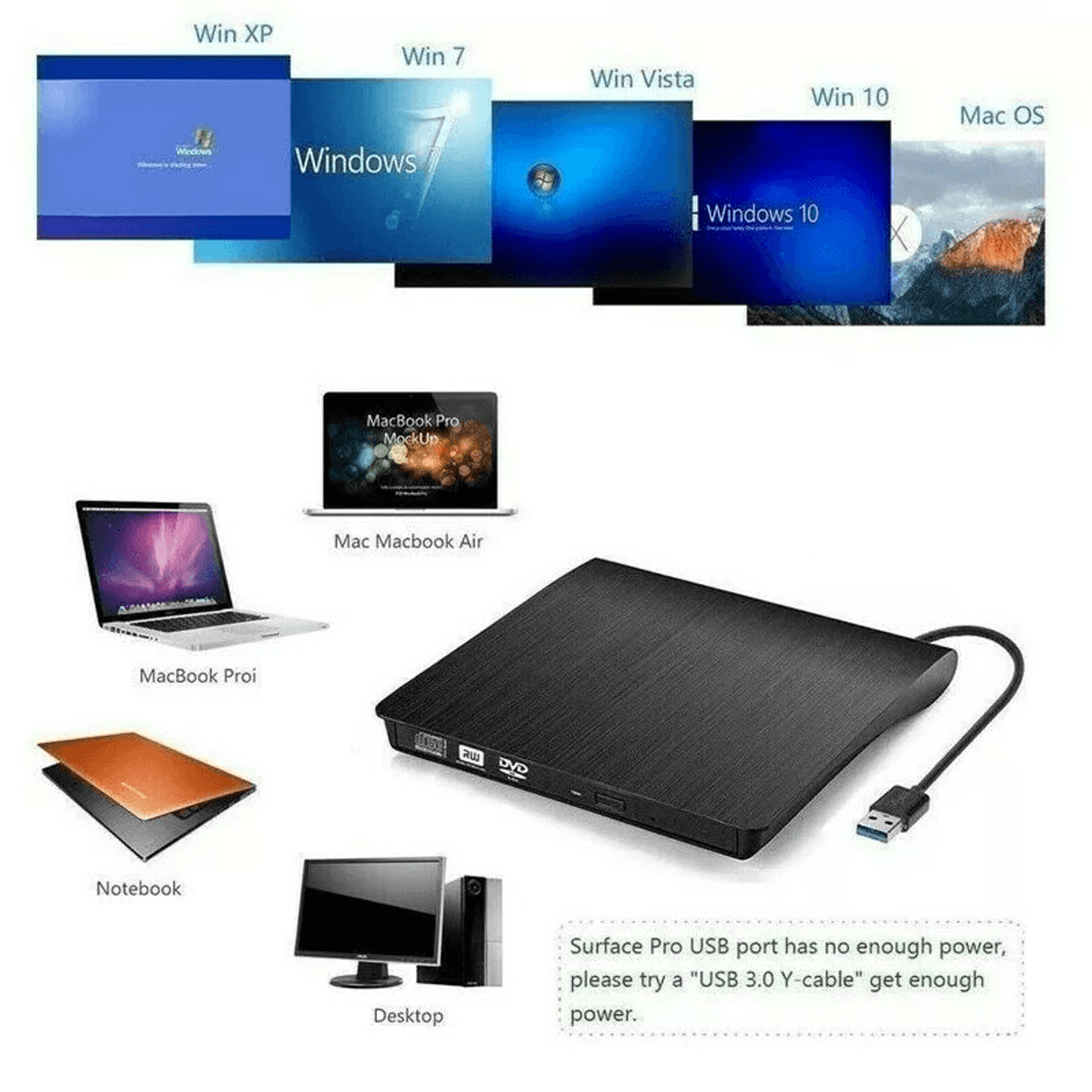 USB 30 External CDDVD Drive  Slim Portable DVD RW Burner For Laptop PC  Mac 10