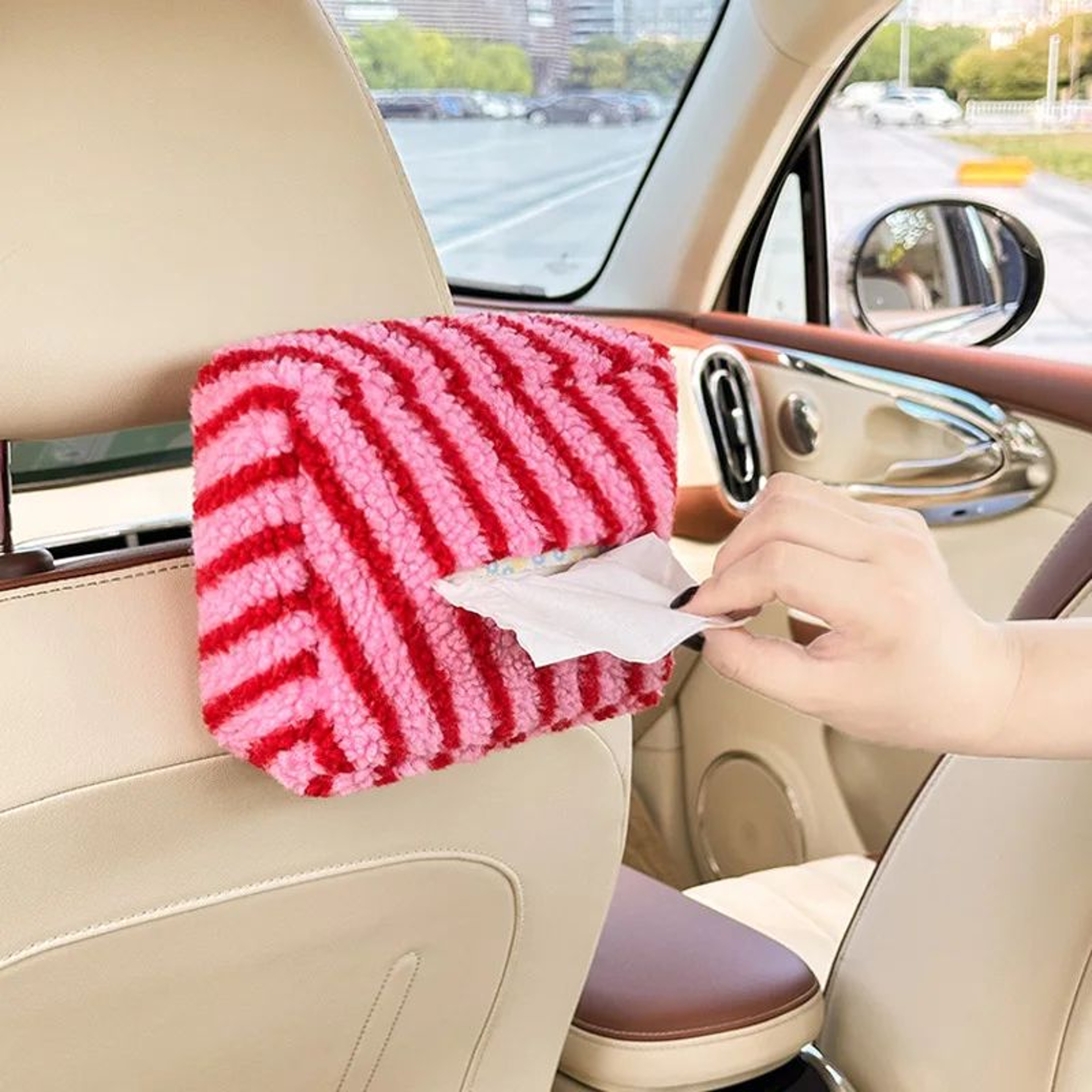 High End Striped Plush Hanging Car Tissue Box 2