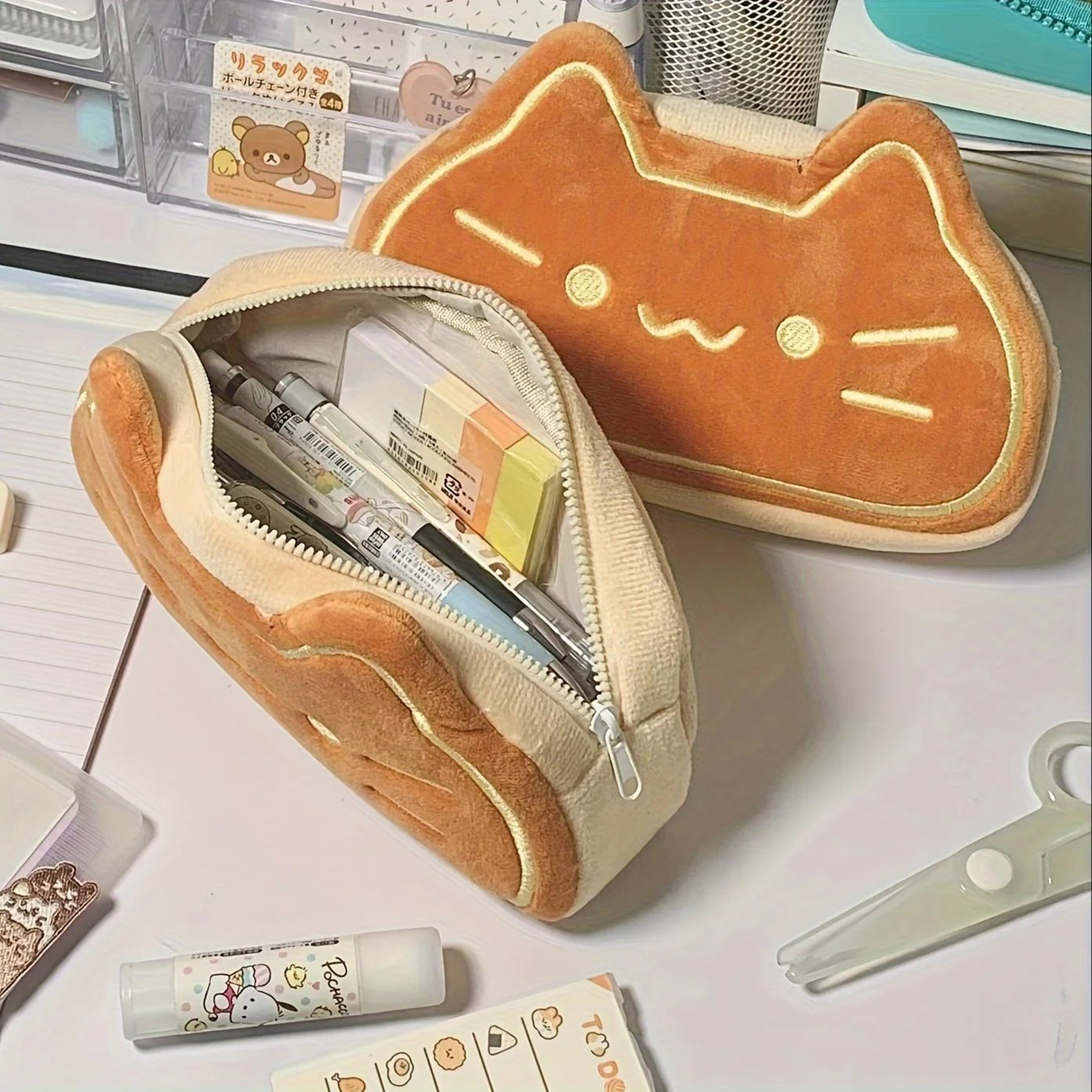 Cute Caramel Cat Plush Pencil Case Large Capacity 0