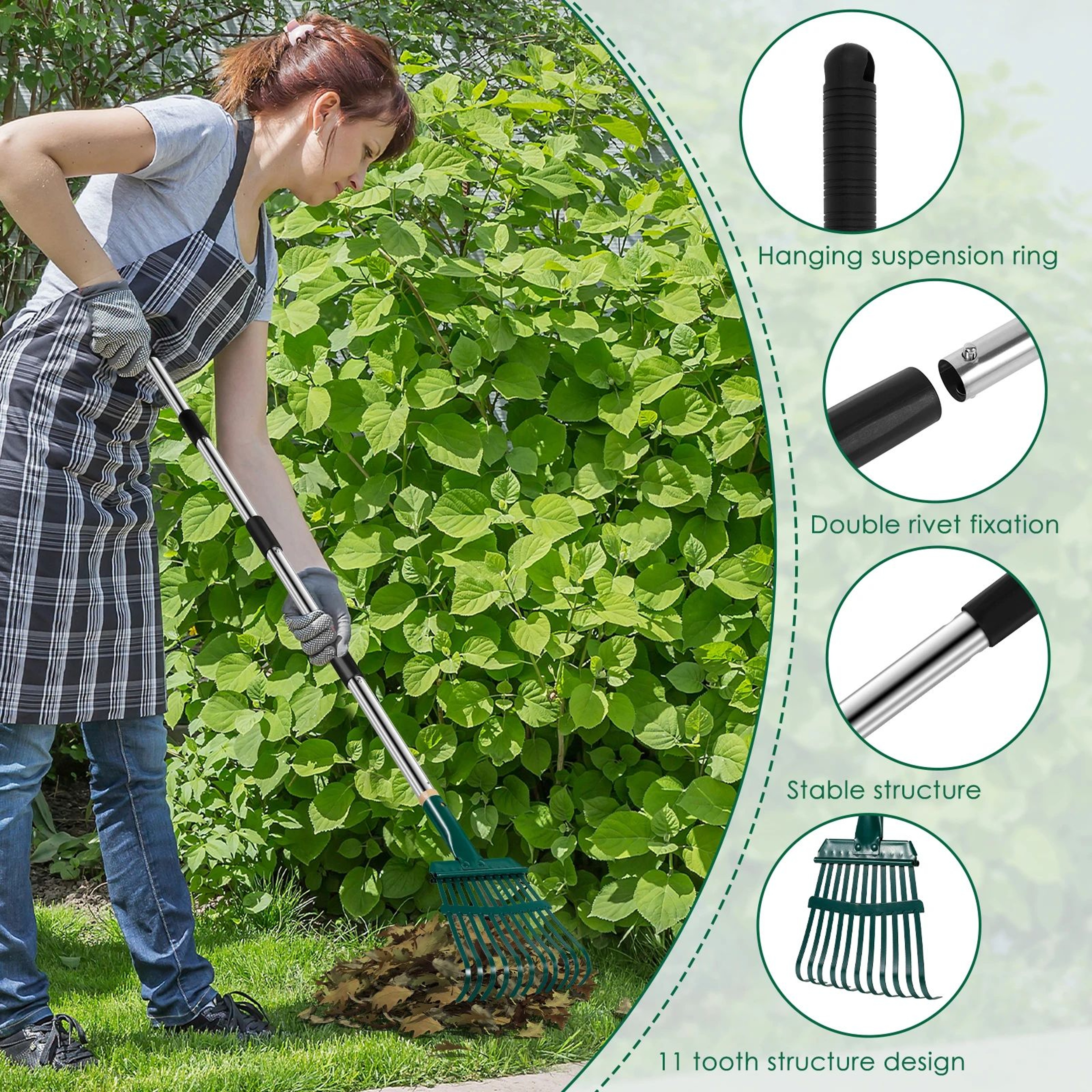 Adjustable Garden Leaf Rake 51 Inch Long Handle 11 Prong 2