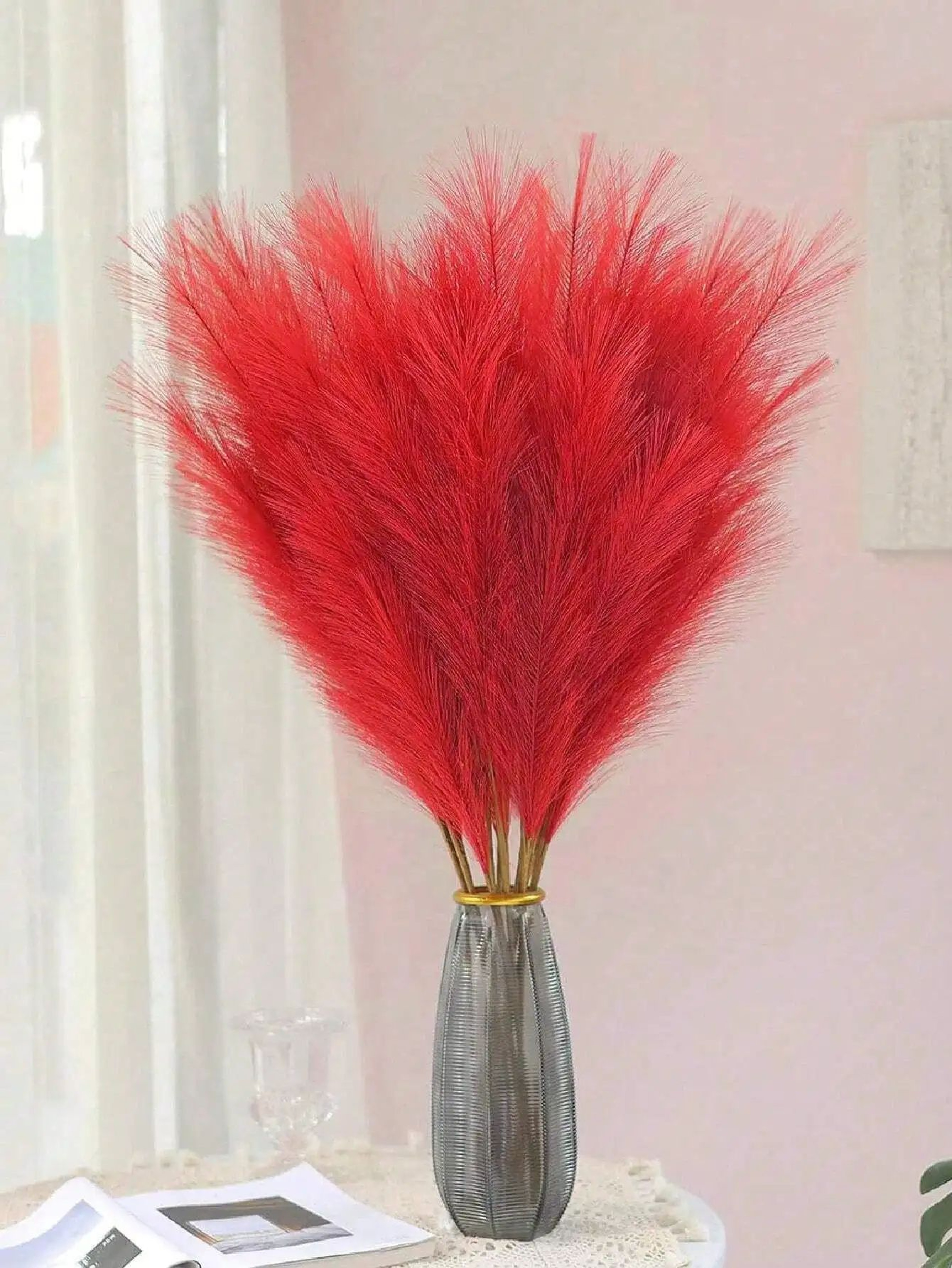 Artificial Pampas Grass Red Faux Reeds Decor 55cm Set 3