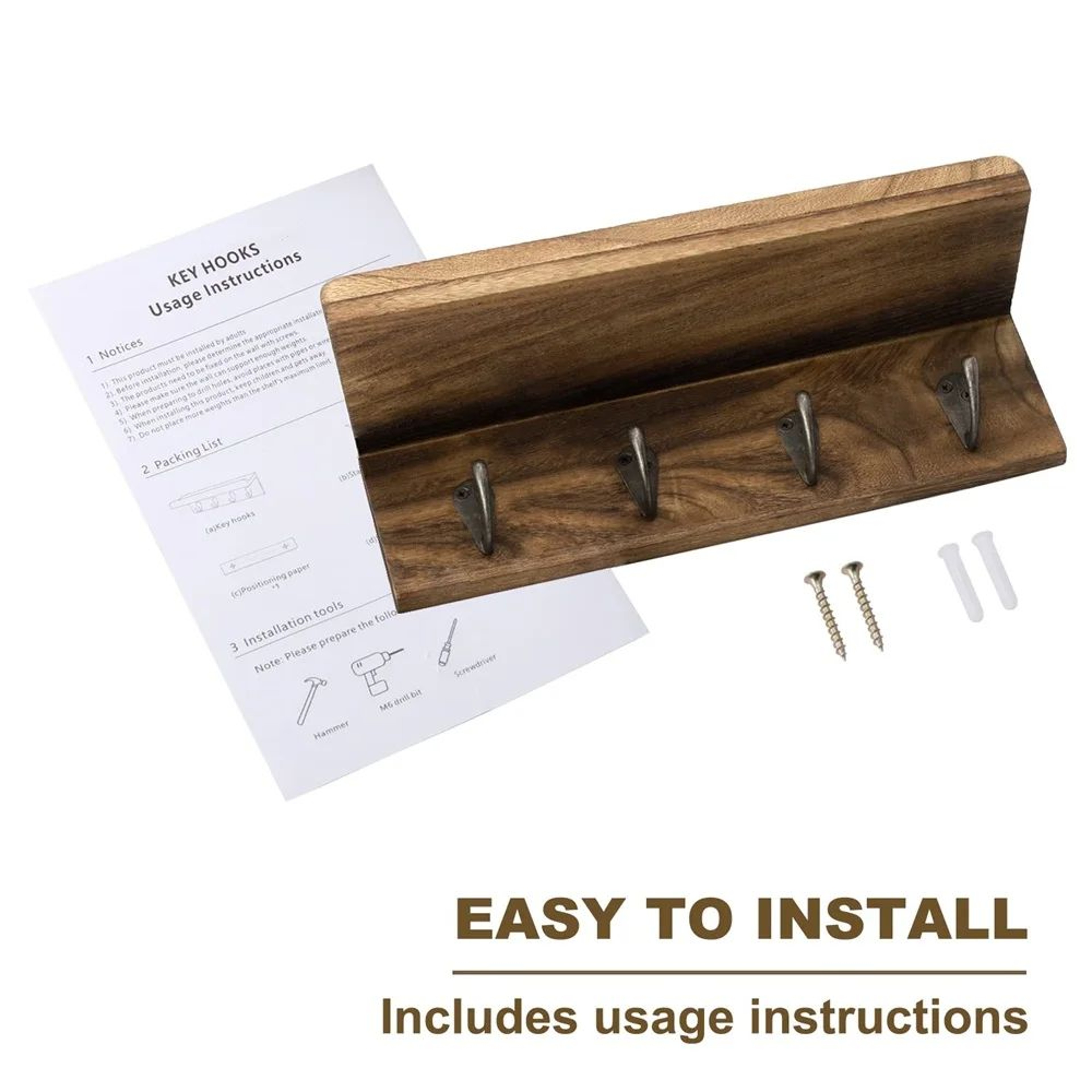 Farmhouse Rustic Wood Key Holder Wall Shelf With Hooks 4