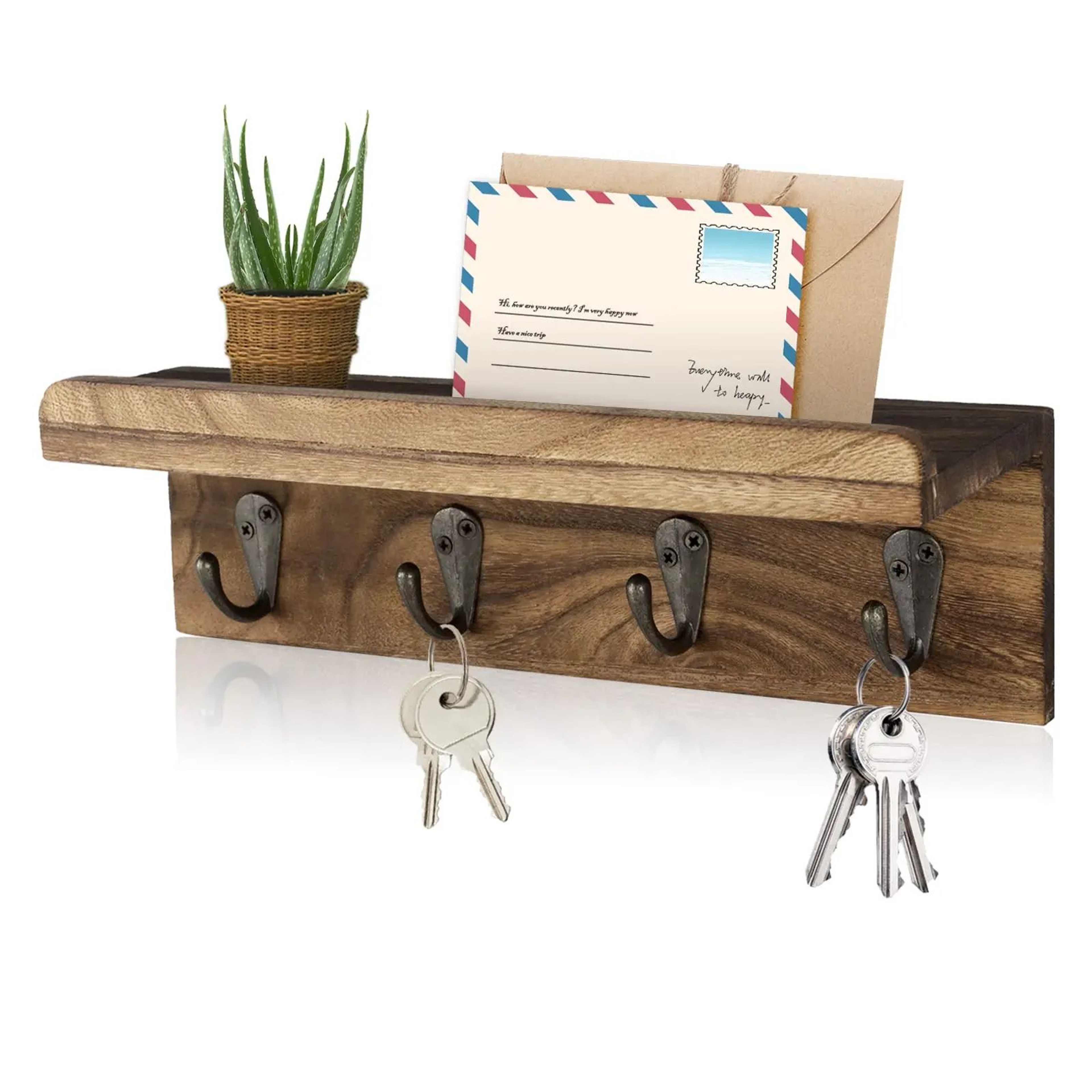 Farmhouse Rustic Wood Key Holder Wall Shelf With Hooks 8