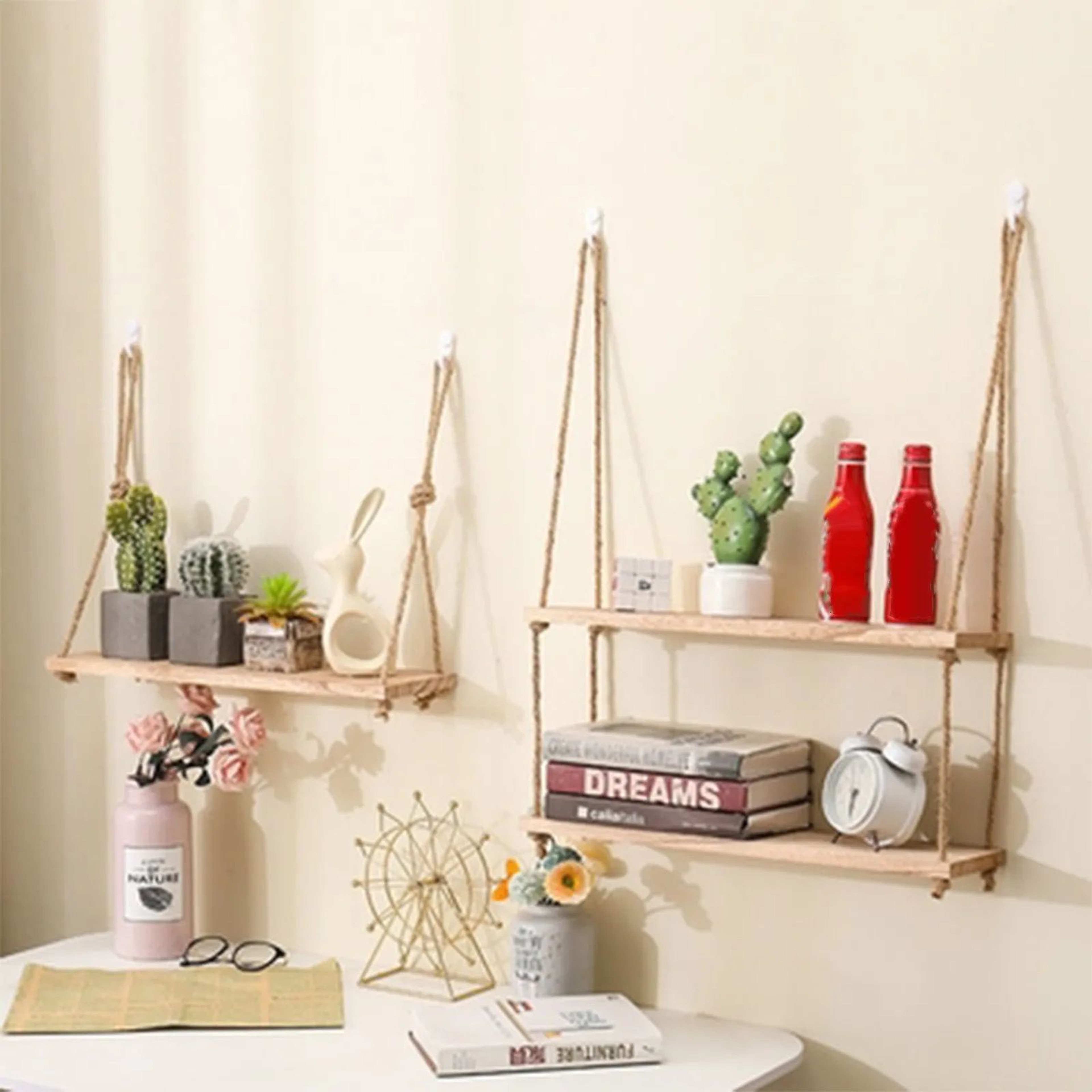 Wooden Hanging Floating Shelf With Rope Decor 0