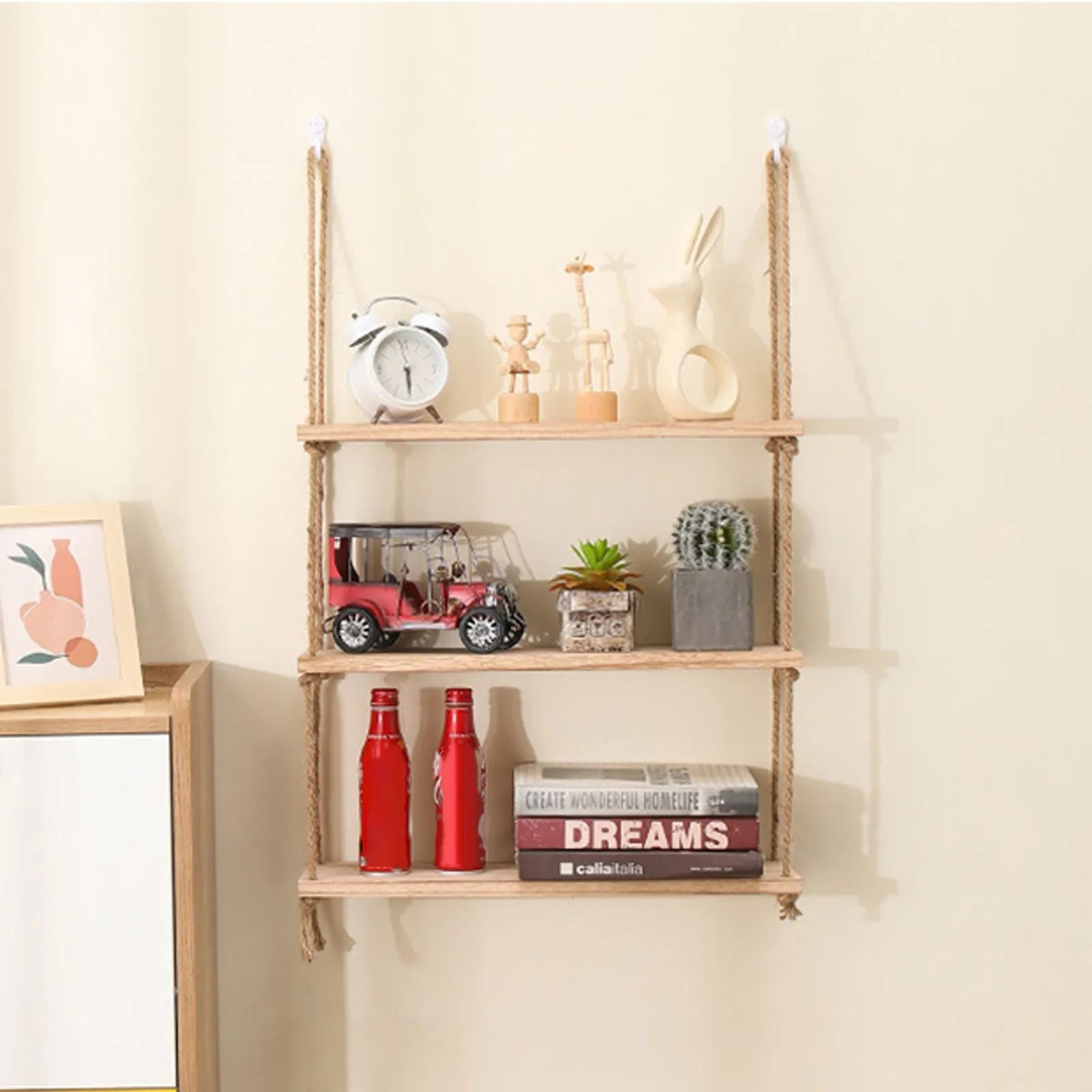 Wooden Hanging Floating Shelf With Rope Decor 1