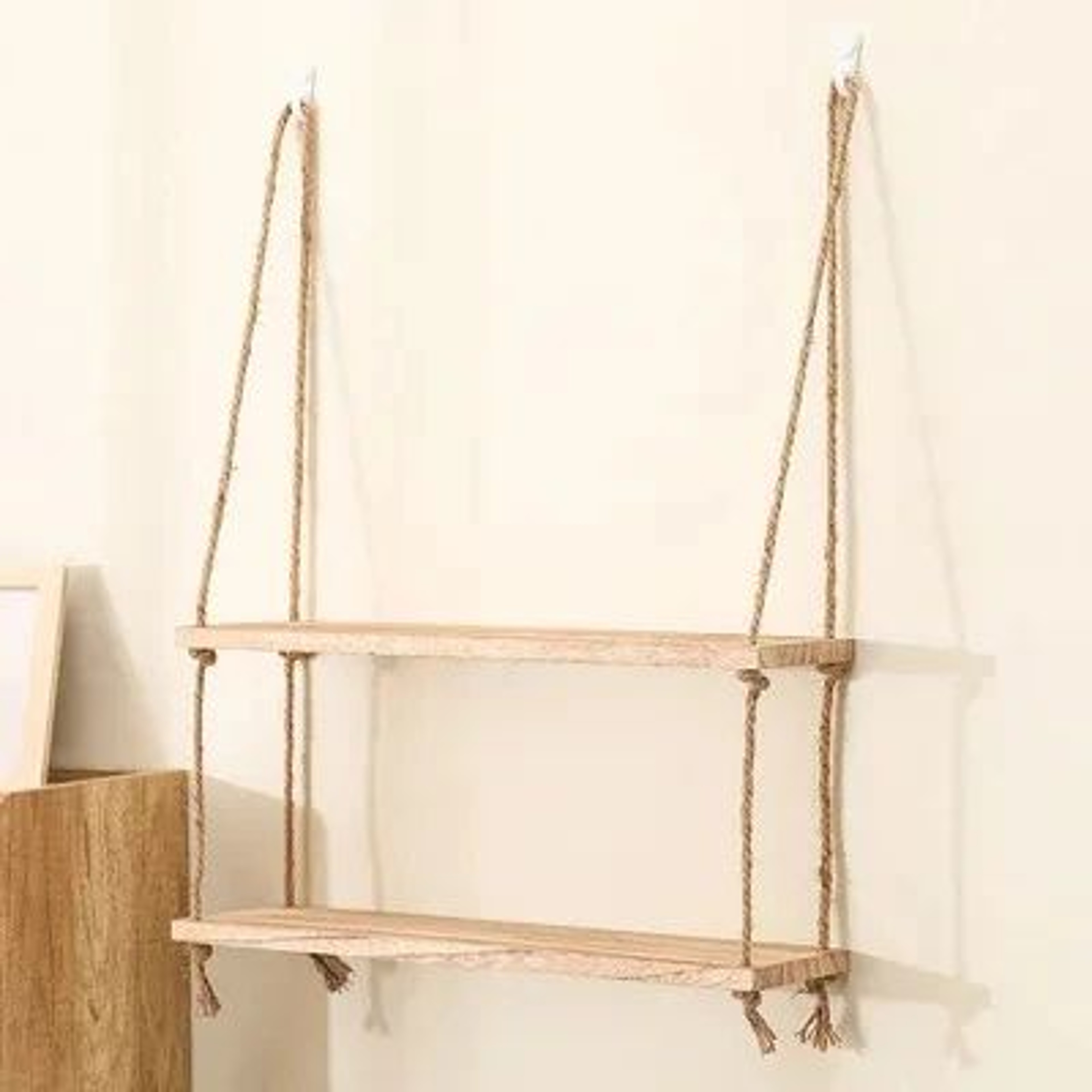 Wooden Hanging Floating Shelf With Rope Decor 6