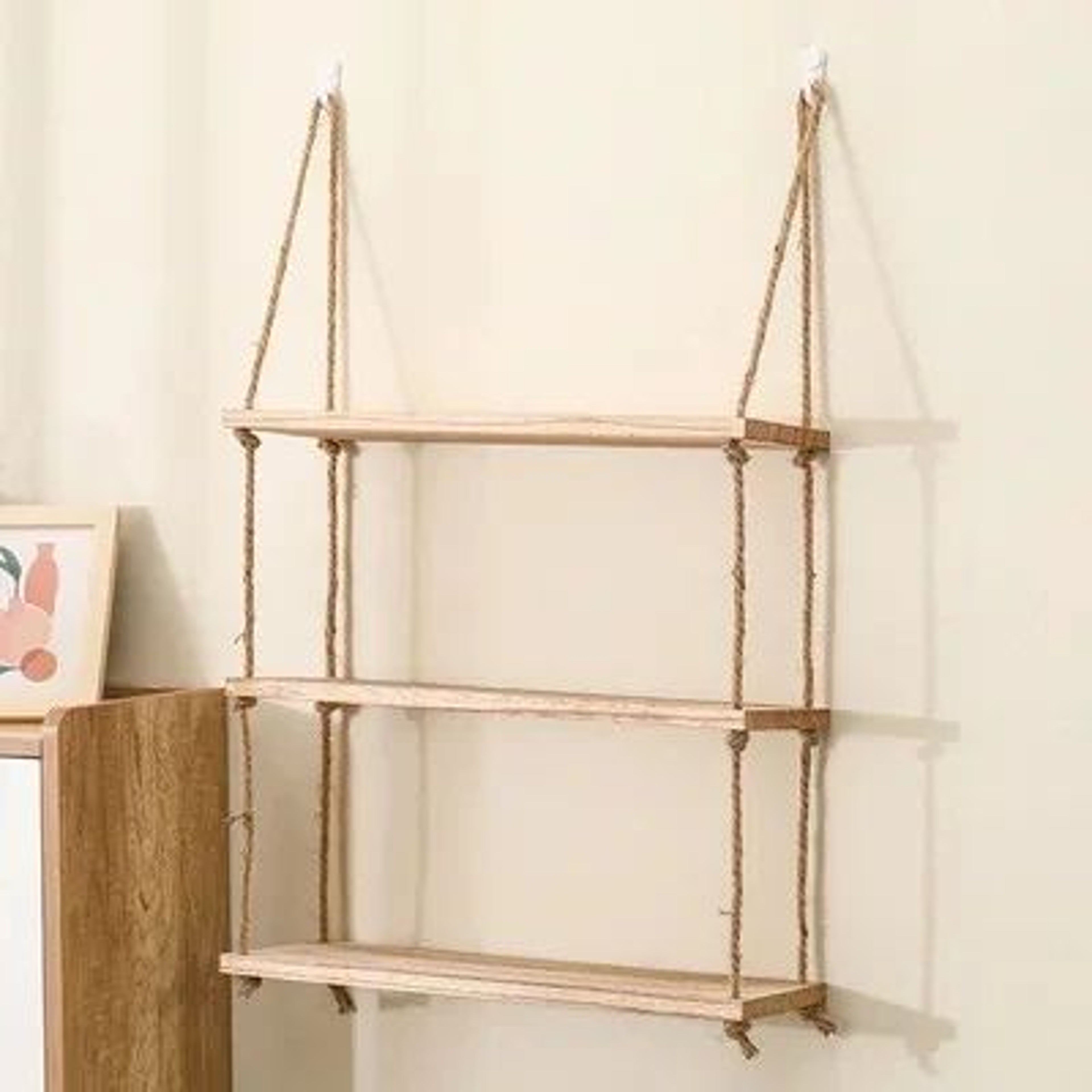 Wooden Hanging Floating Shelf With Rope Decor 7