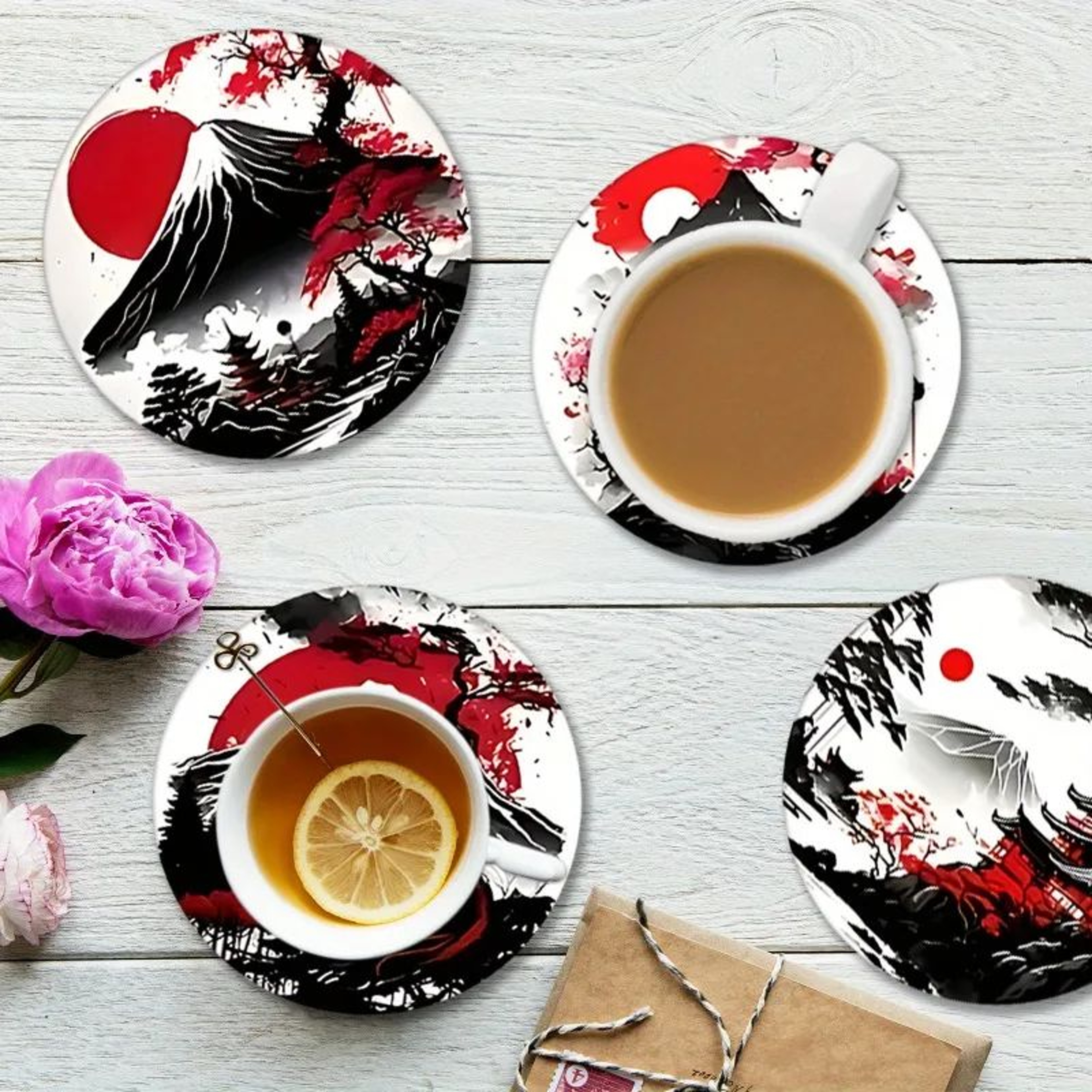 Japanese Landscape Wooden Coaster Set 2