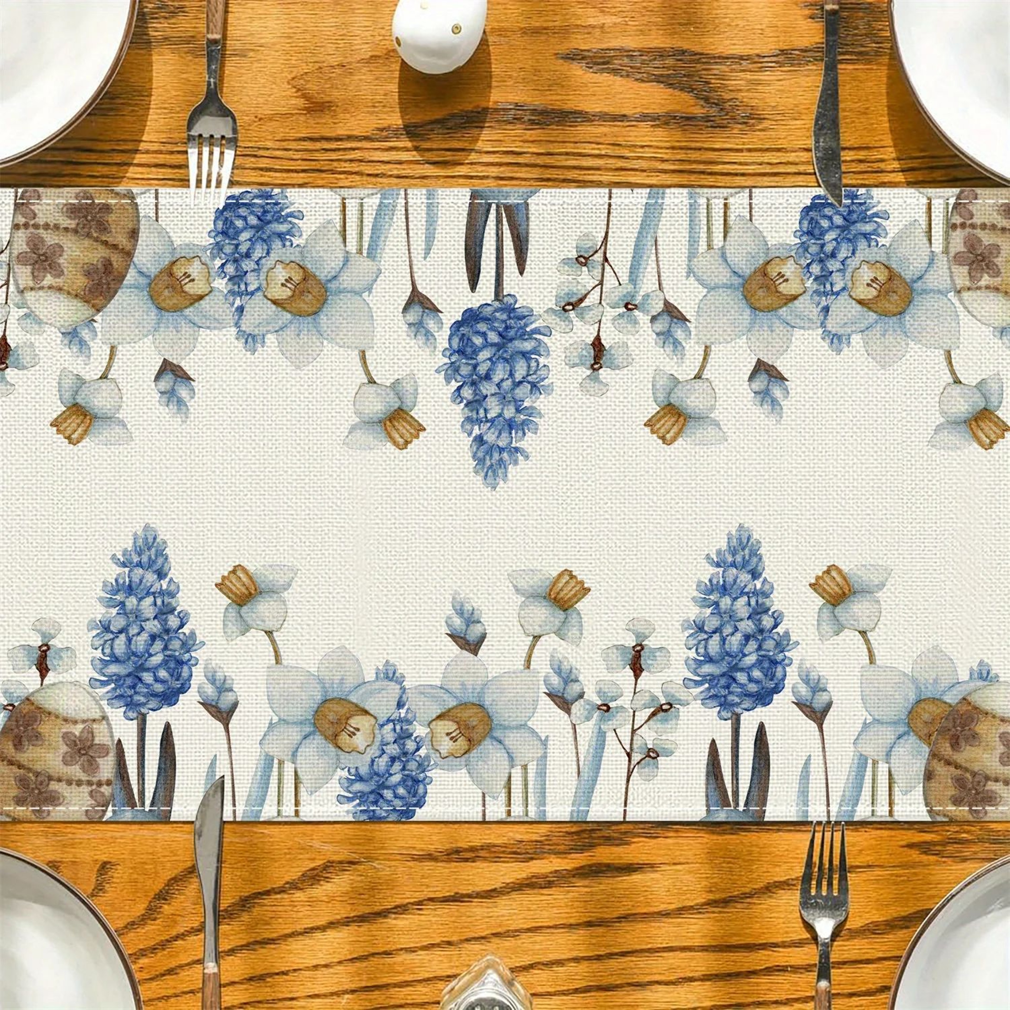 Easter Blue Eggs Floral Linen Table Runner 2