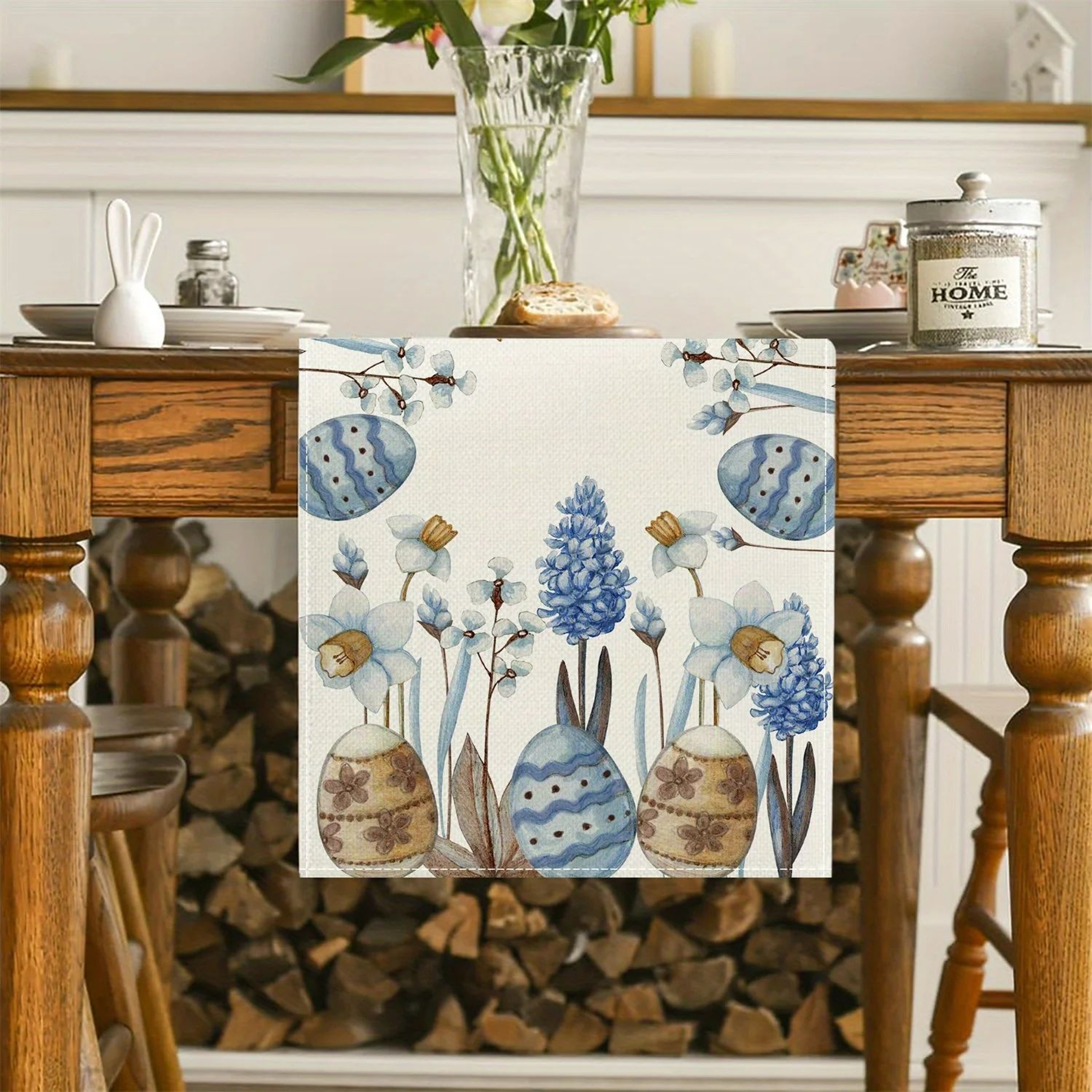 Easter Blue Eggs Floral Linen Table Runner 3