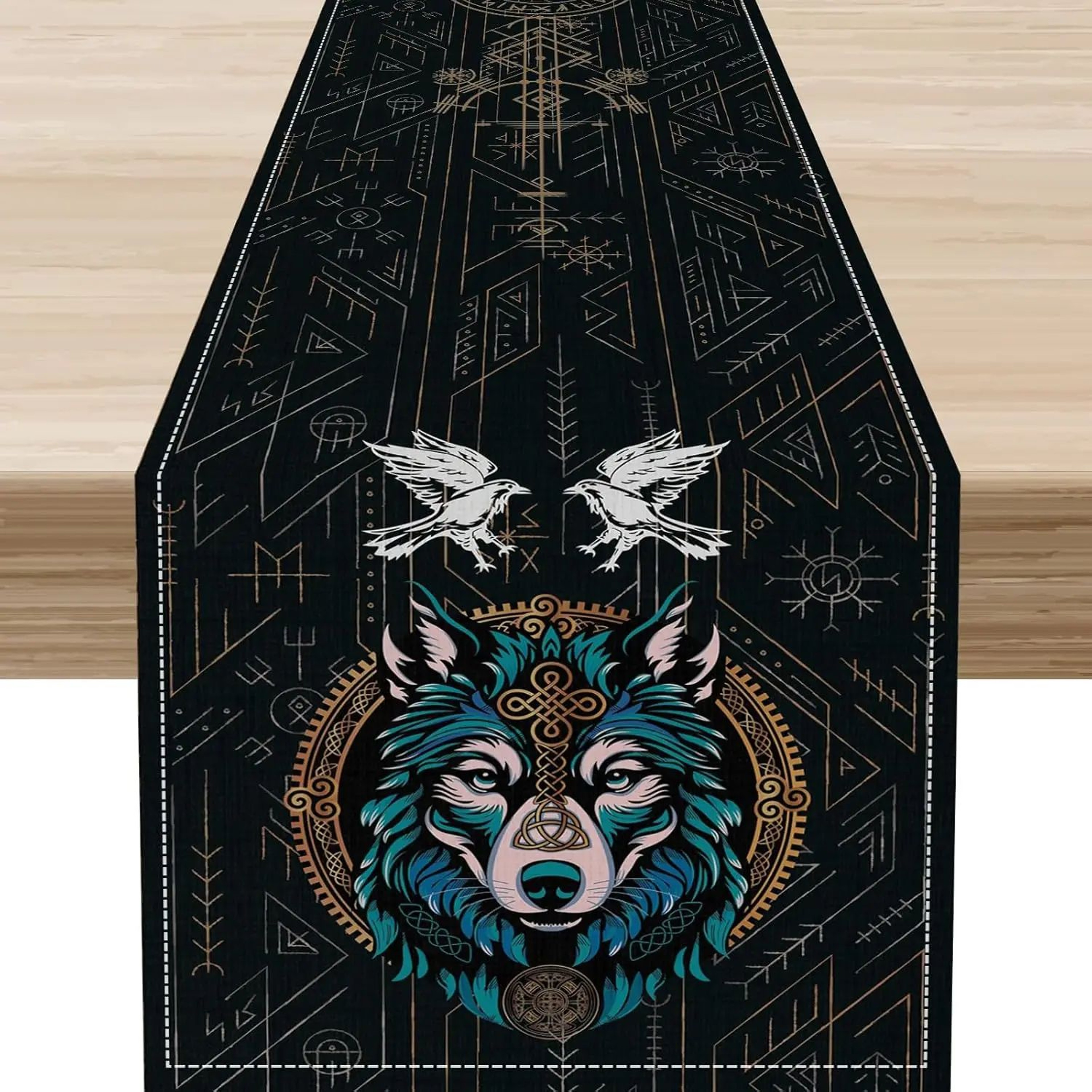 Norse Viking Raven Linen Table Runner Decor 2