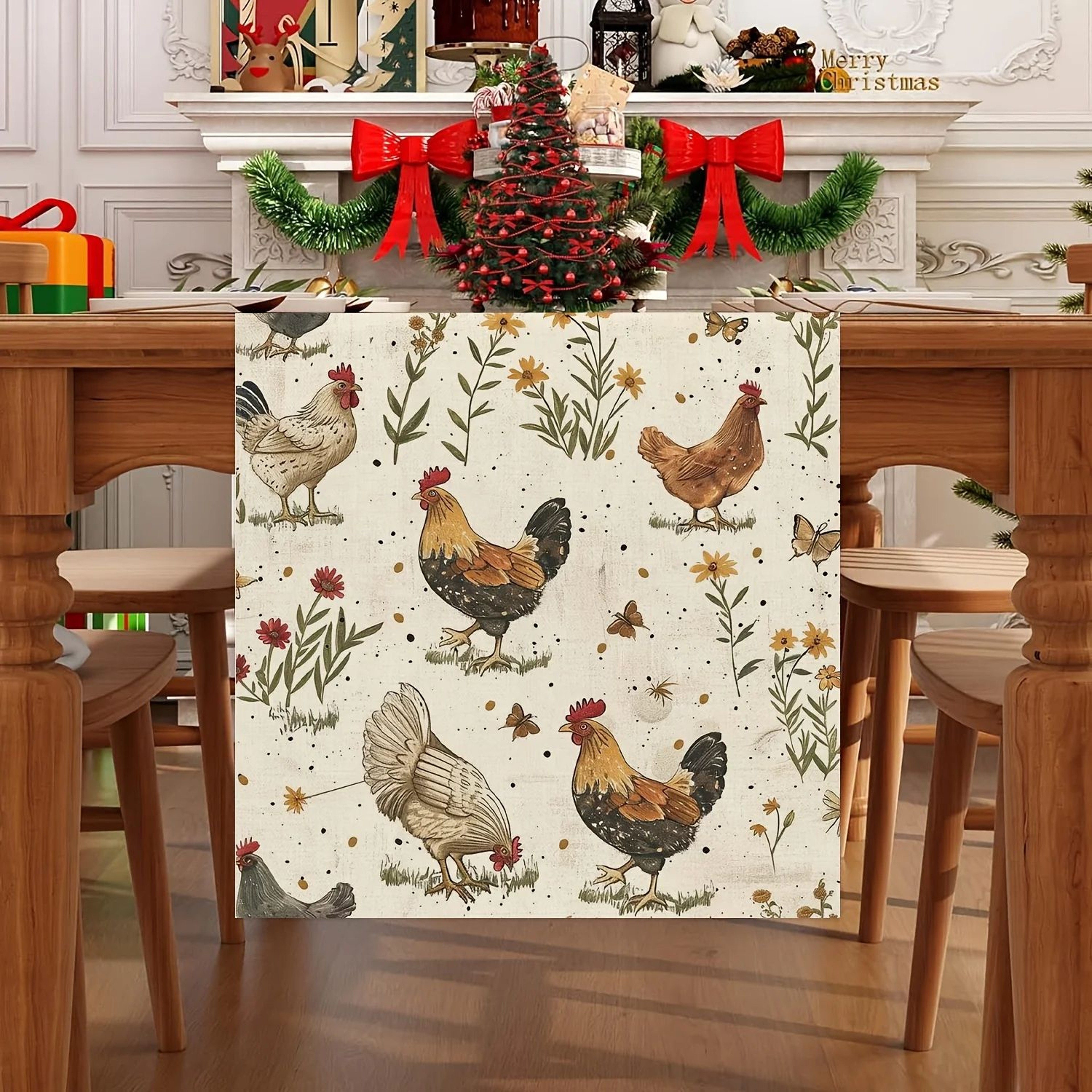 Rooster Butterfly Linen Table Runner 1
