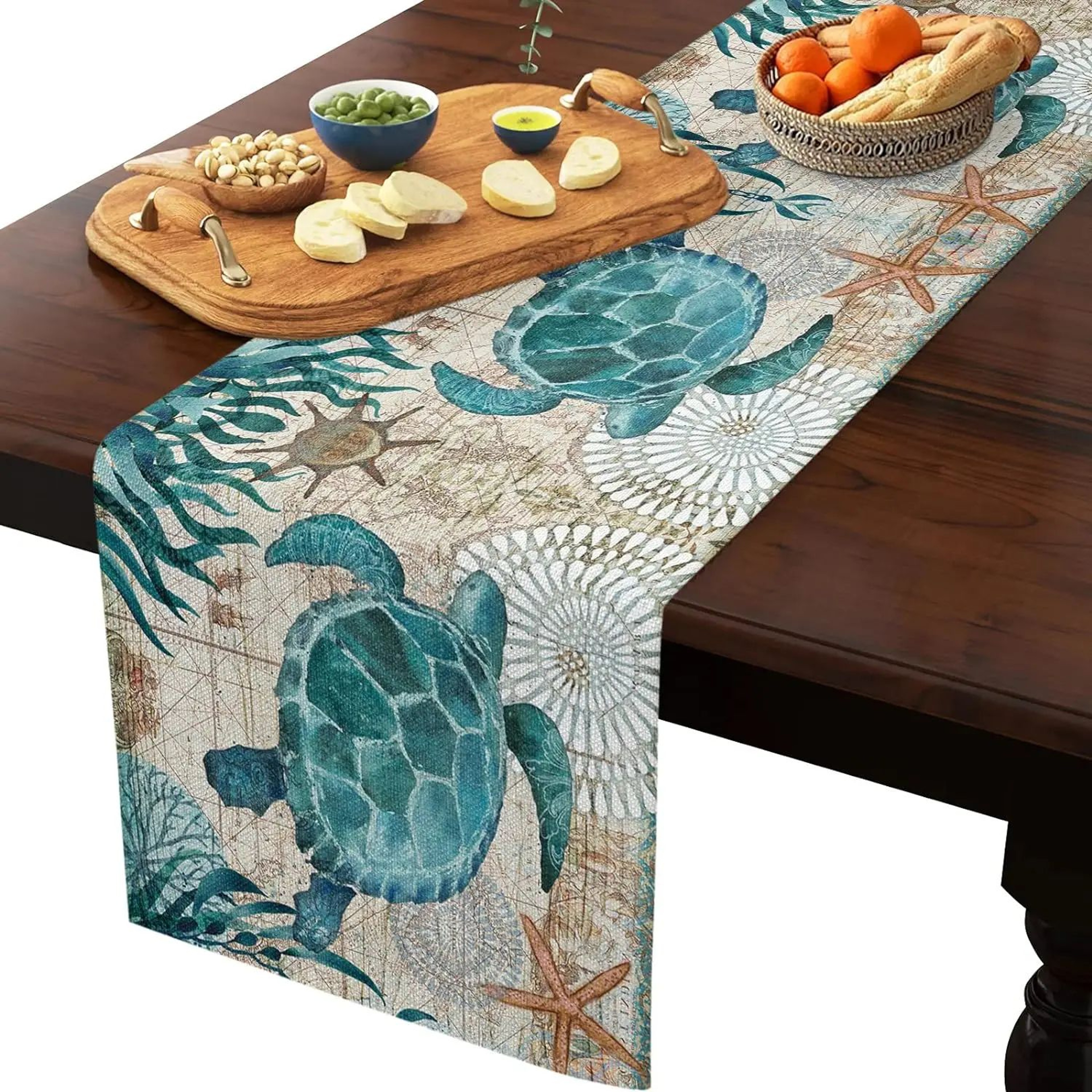 Nautical Sea Turtle Starfish Linen Table Runner 2
