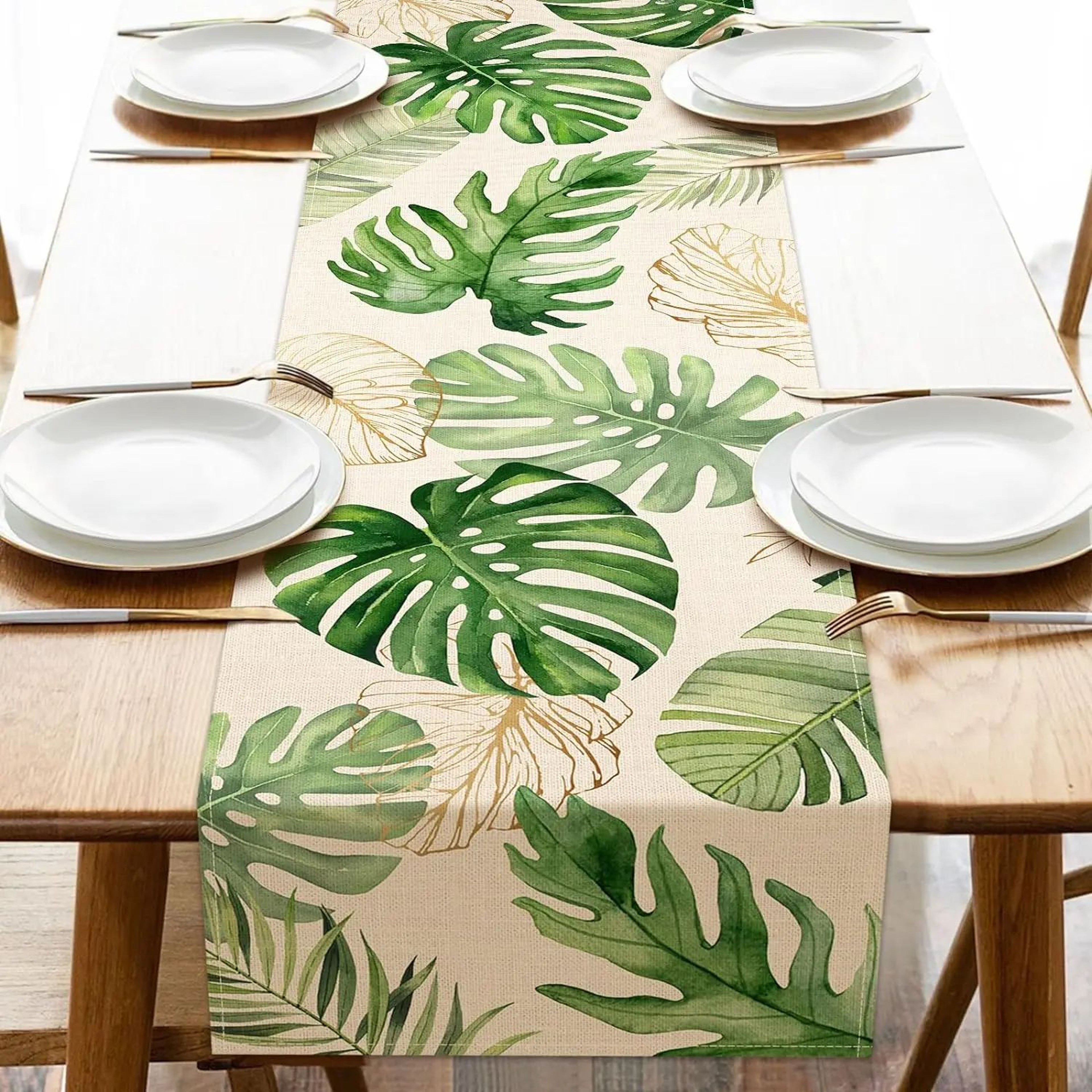 Tropical Palm Leaves Linen Table Runner 0