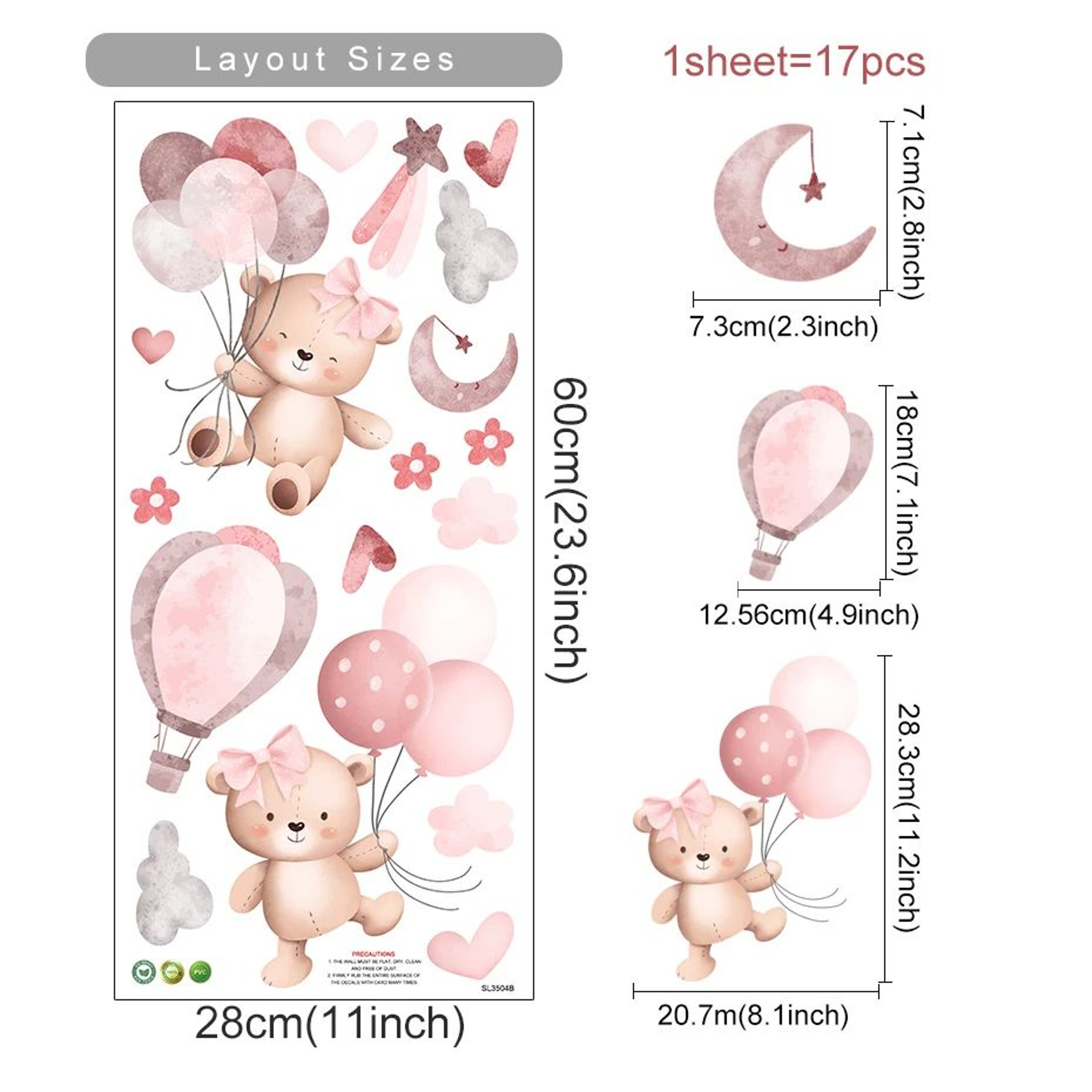 Pink Cartoon Bear Balloon Wall Stickers 6