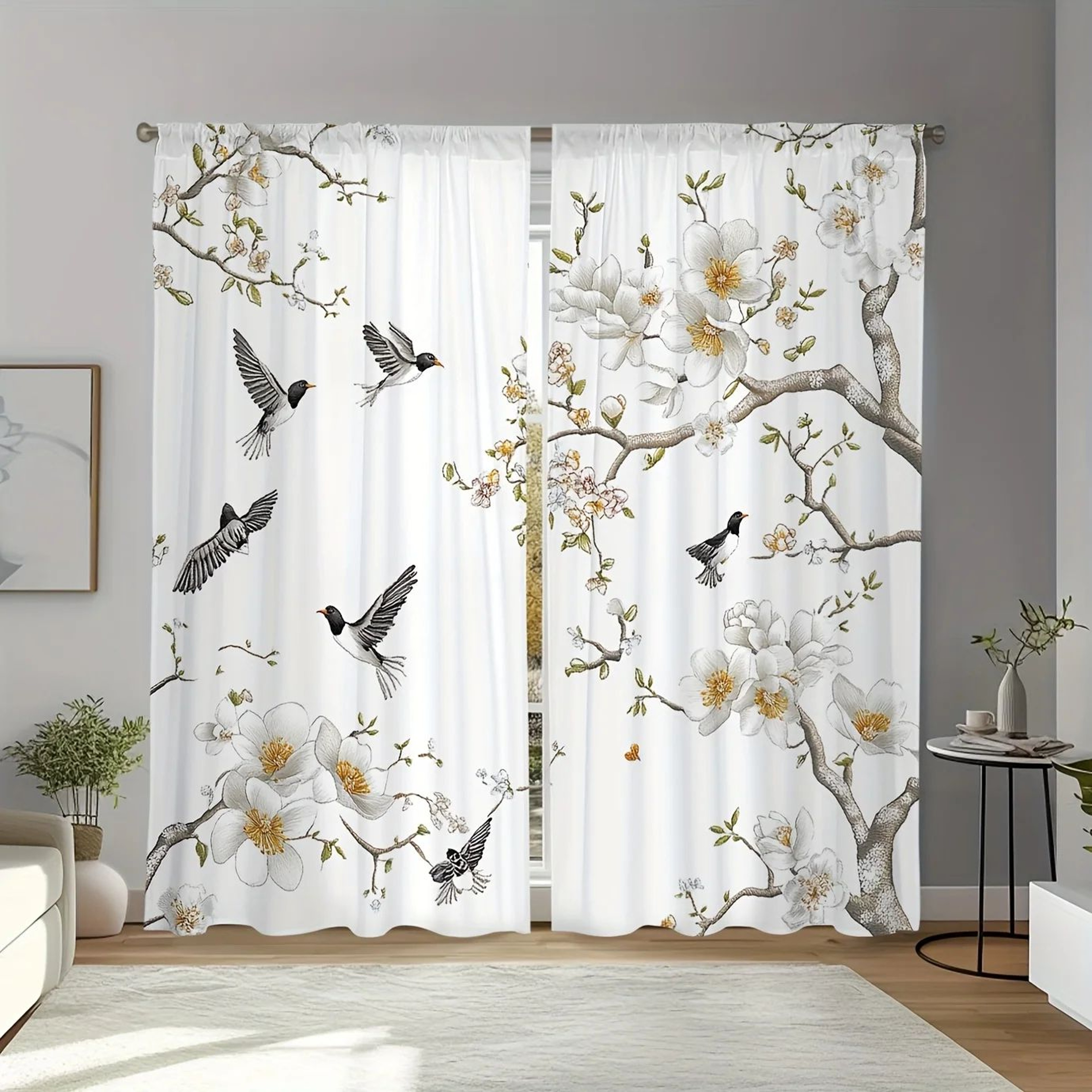 Floral Bird Print Polyester Curtain Set 5