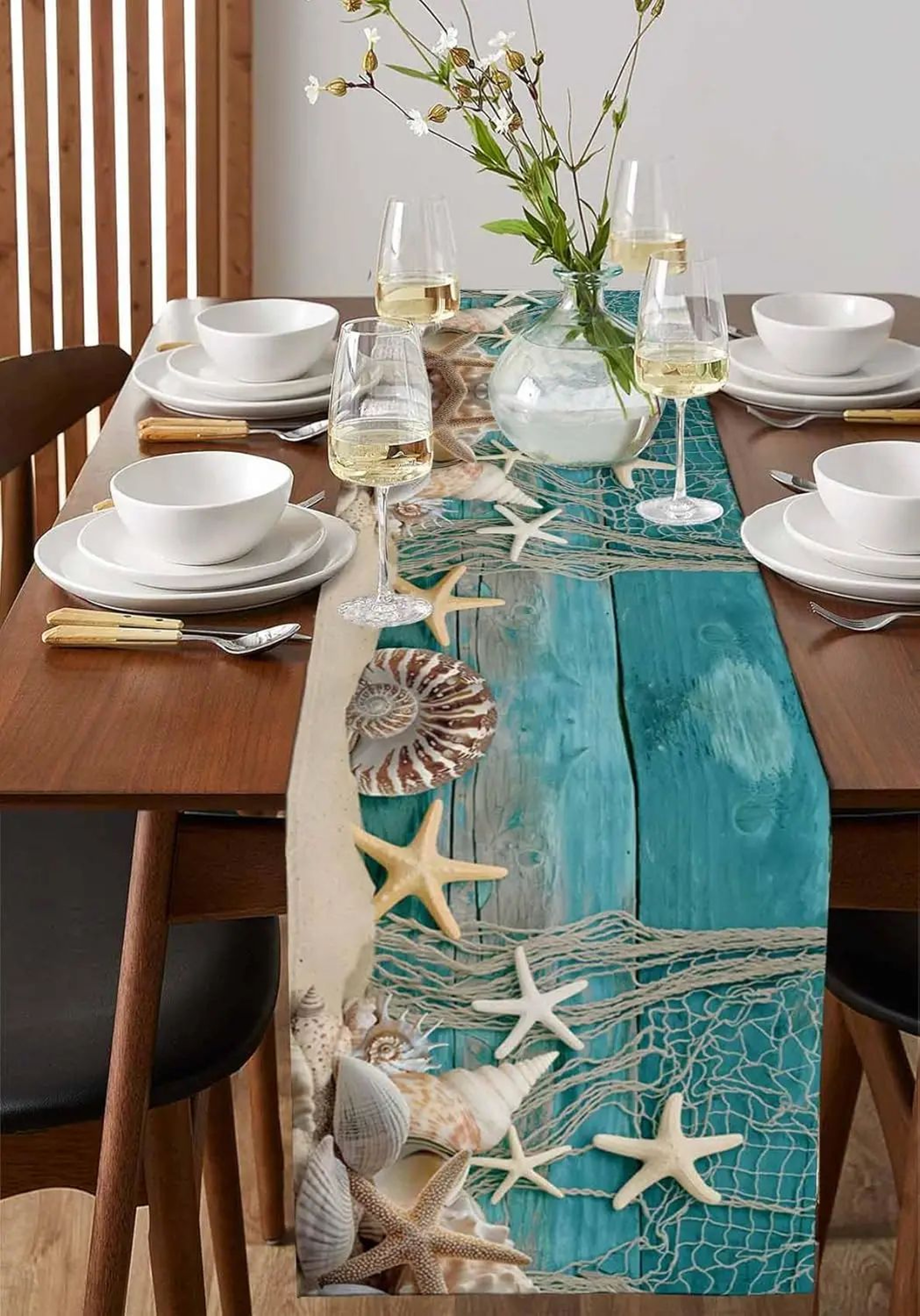 Beach Starfish Shell Linen Table Runner Ocean Style Decor 7
