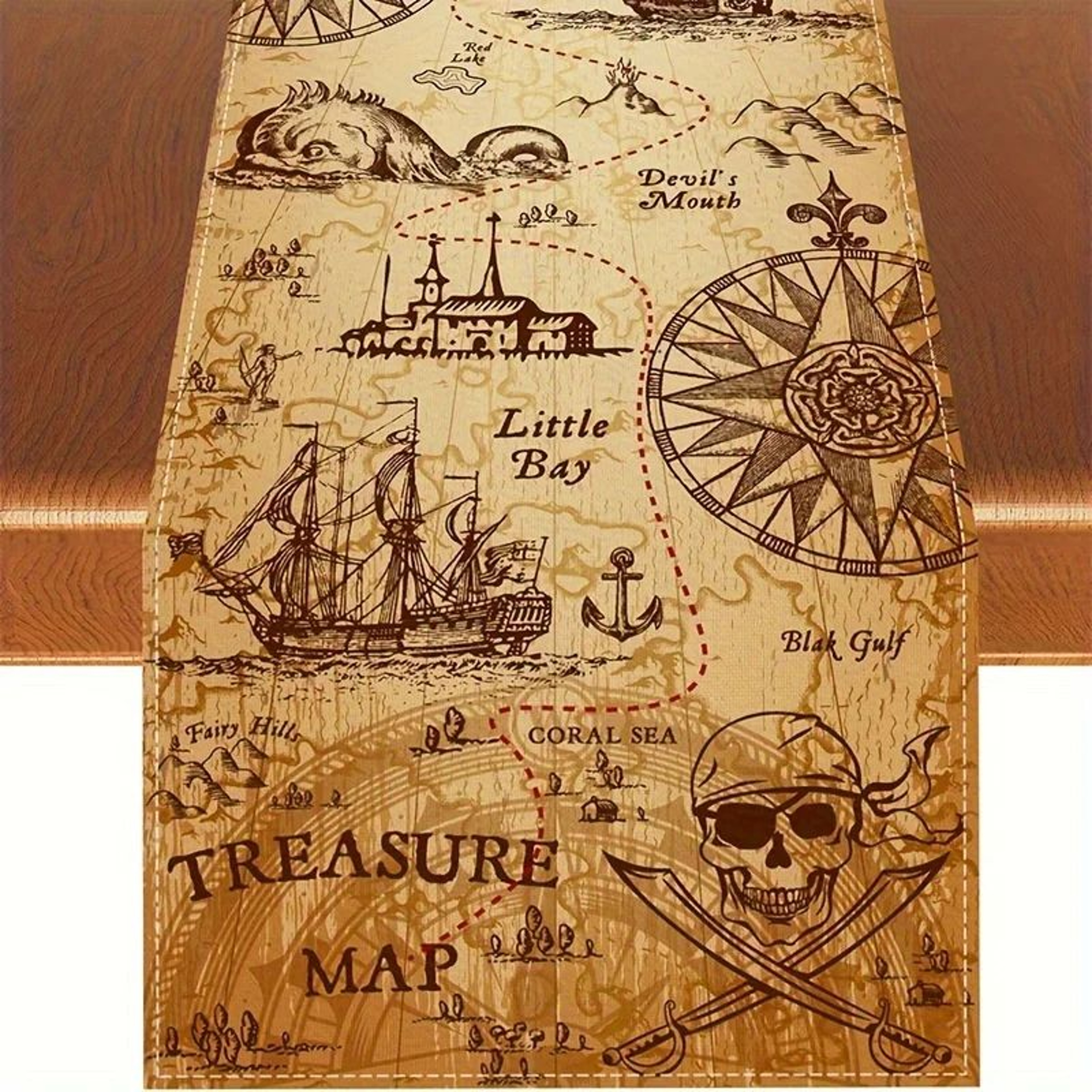 Pirate Treasure Linen Table Runner Indiana Adventure Decor 0