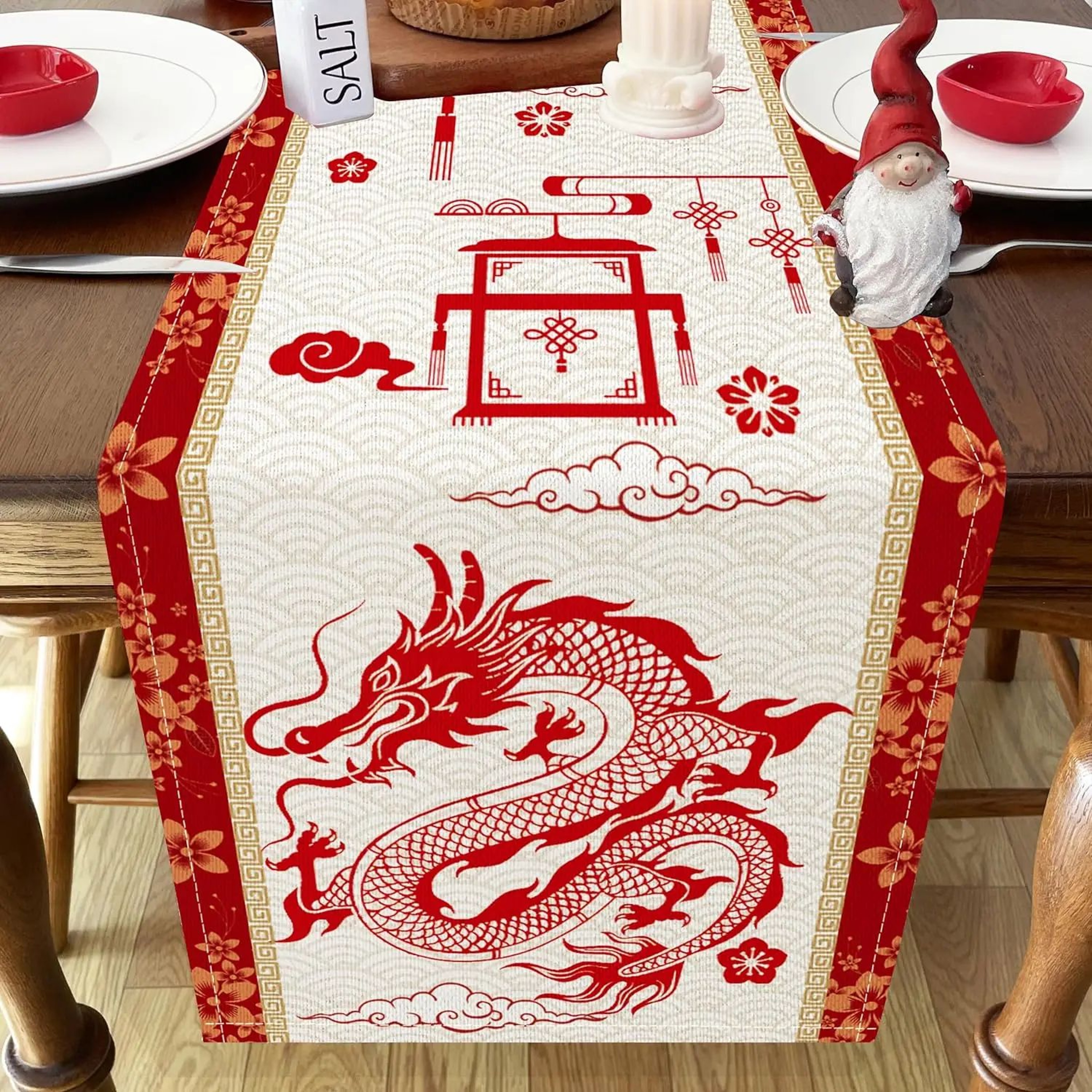 Chinese New Year Dragon Linen Table Runner Festive Decor 3