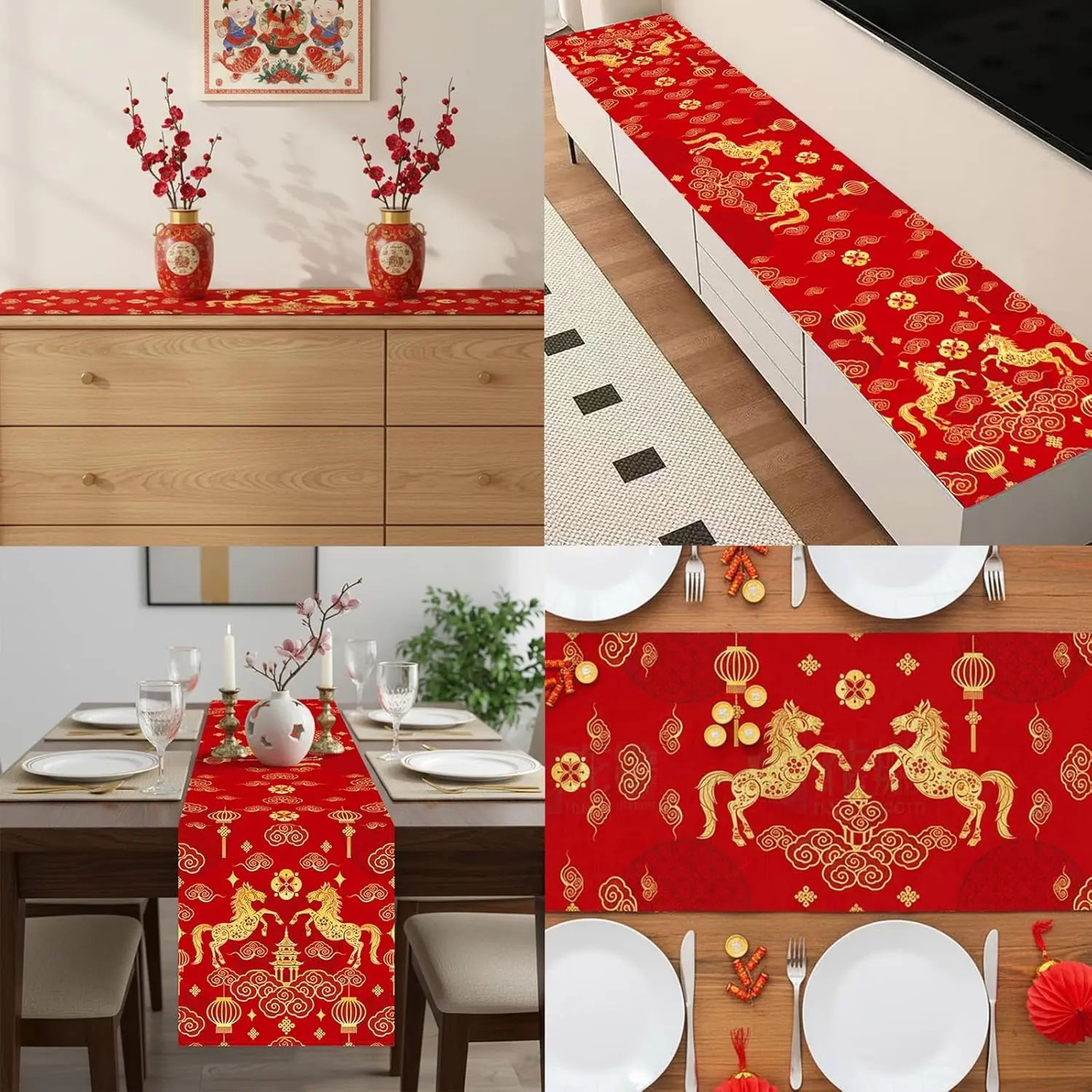Chinese New Year Horse Linen Table Runner Decor 4