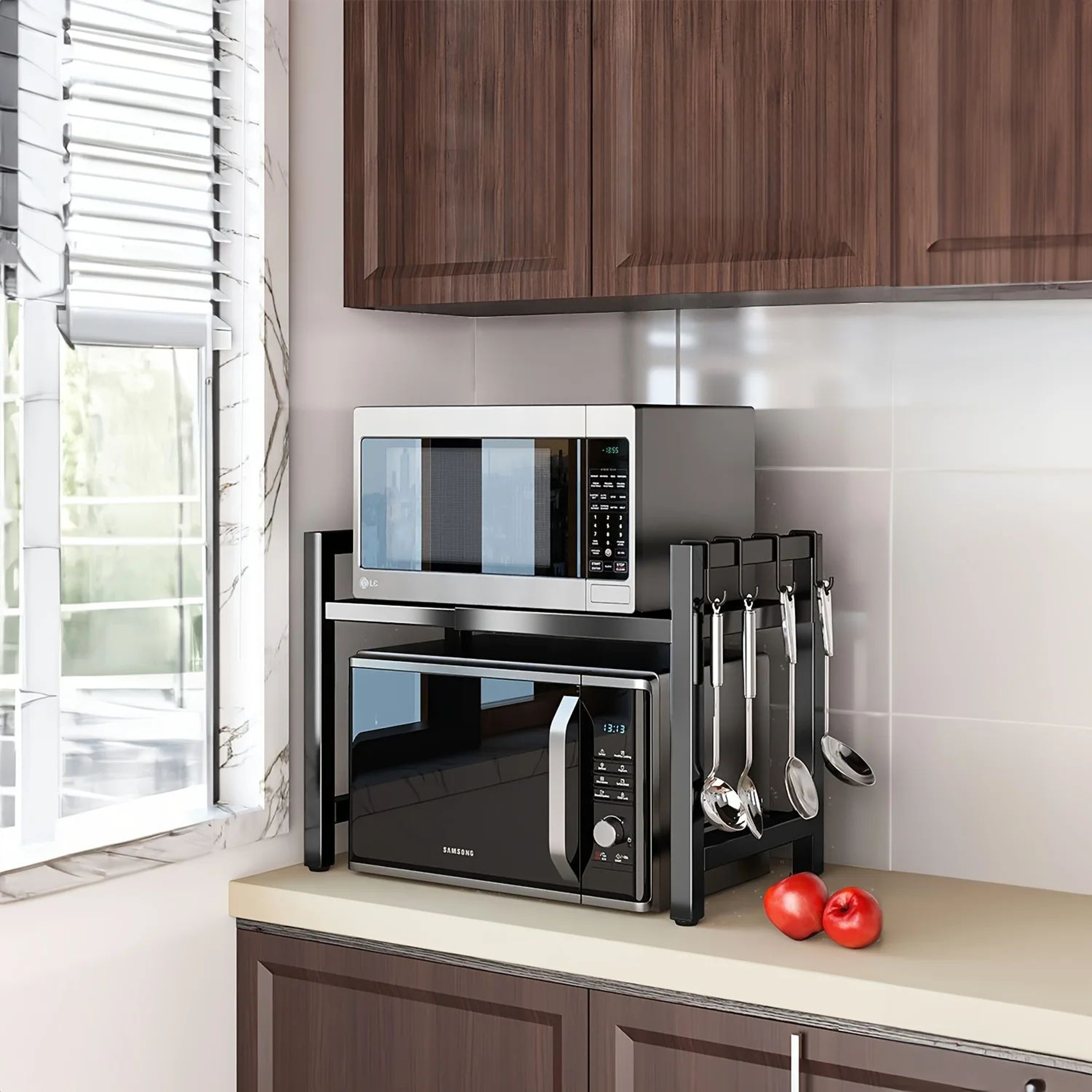 Expandable Microwave Shelf Rack With Hooks 3