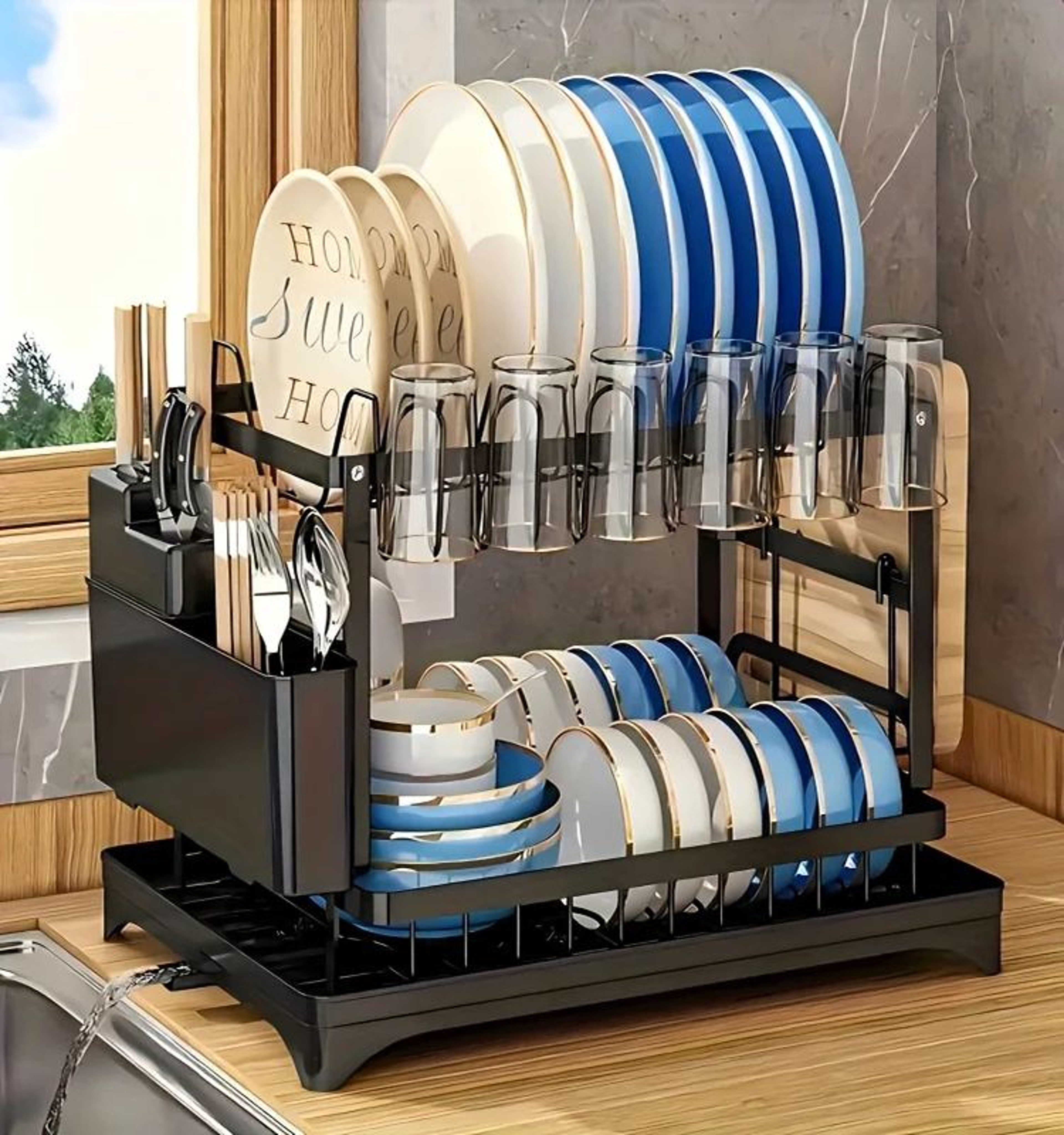 2 Tier Kitchen Dish Drying Rack With Drip Tray 6