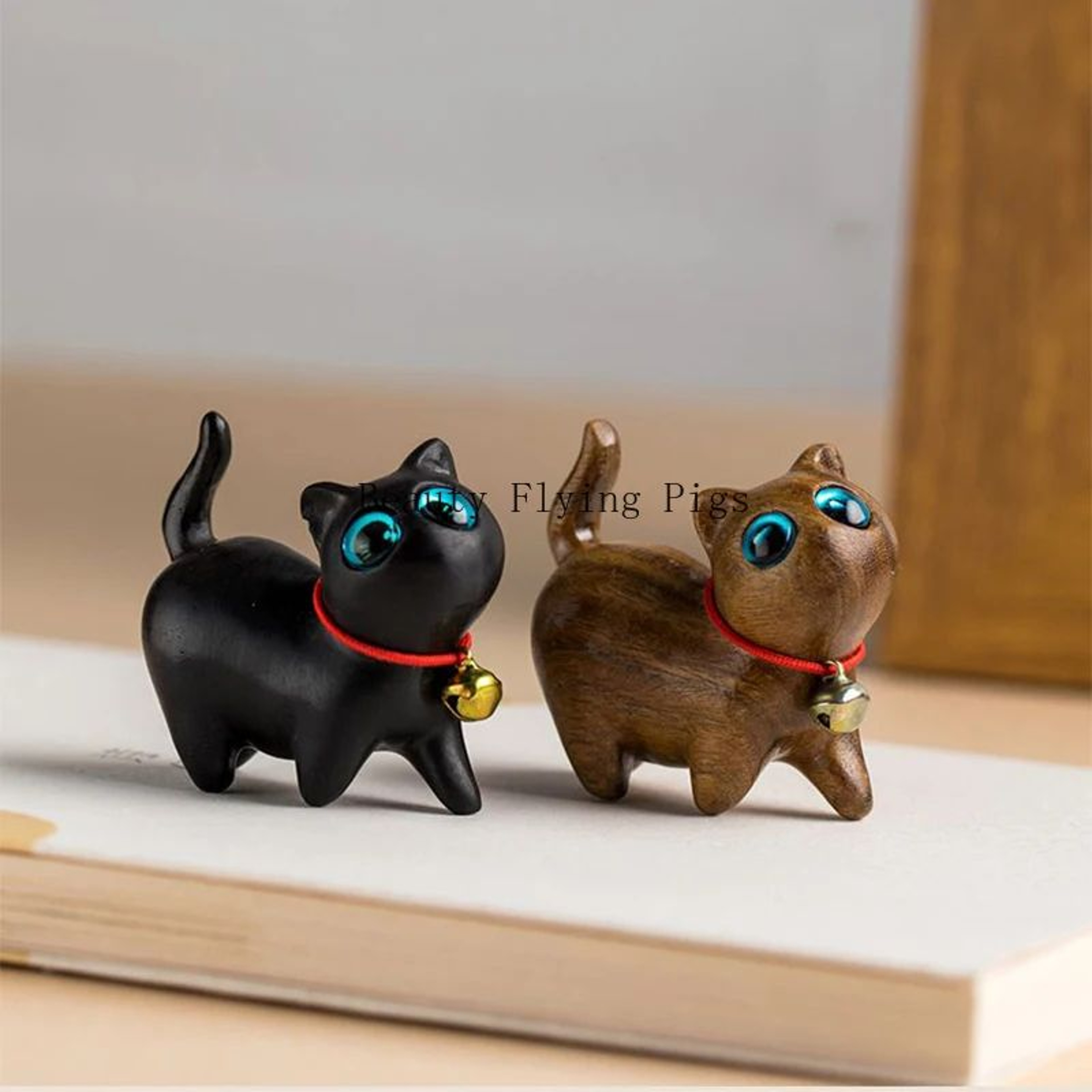 Hand Carved Wooden Cat Figurine Small Natural Wood Decor 2