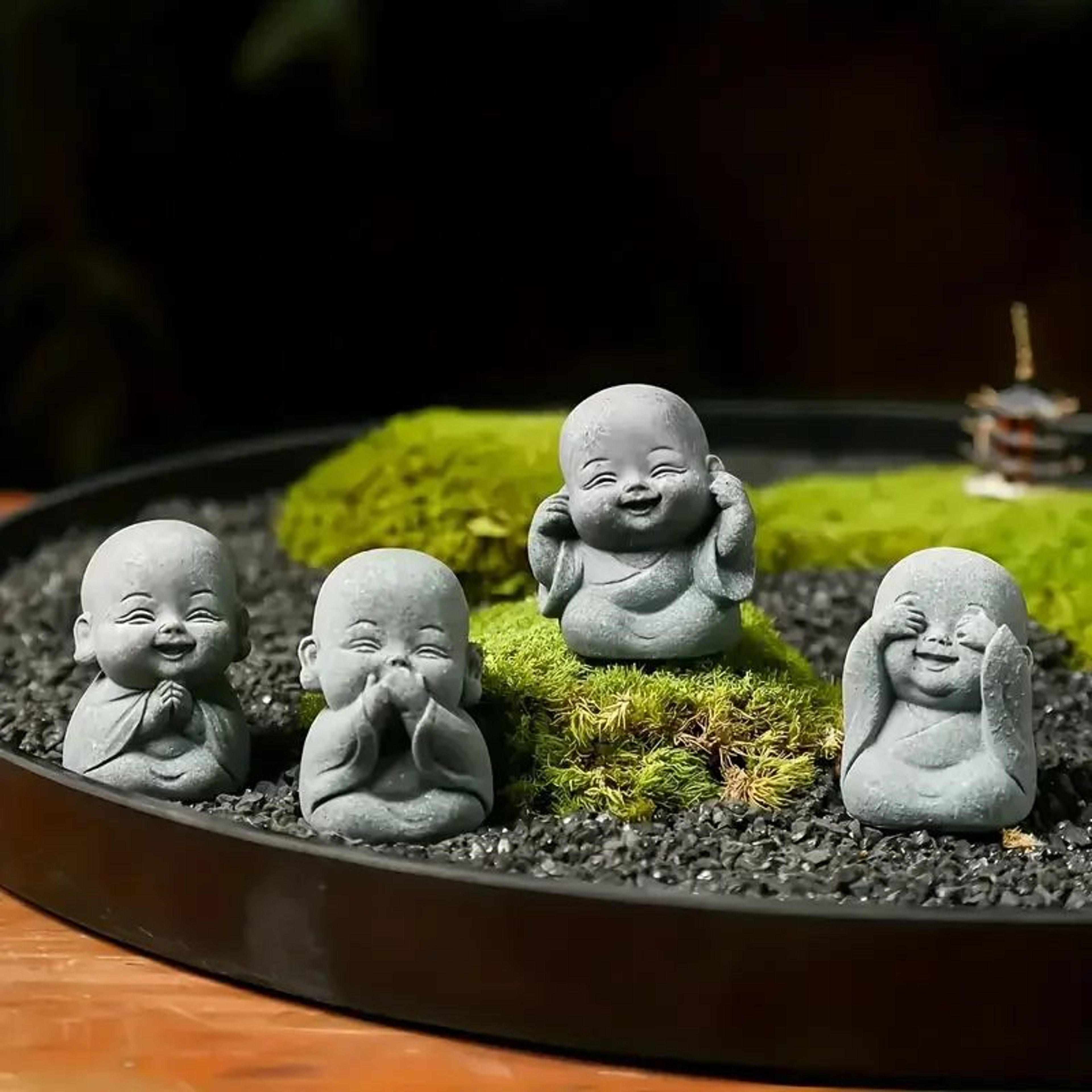 Cute Little Monk Stone Statues Set 1