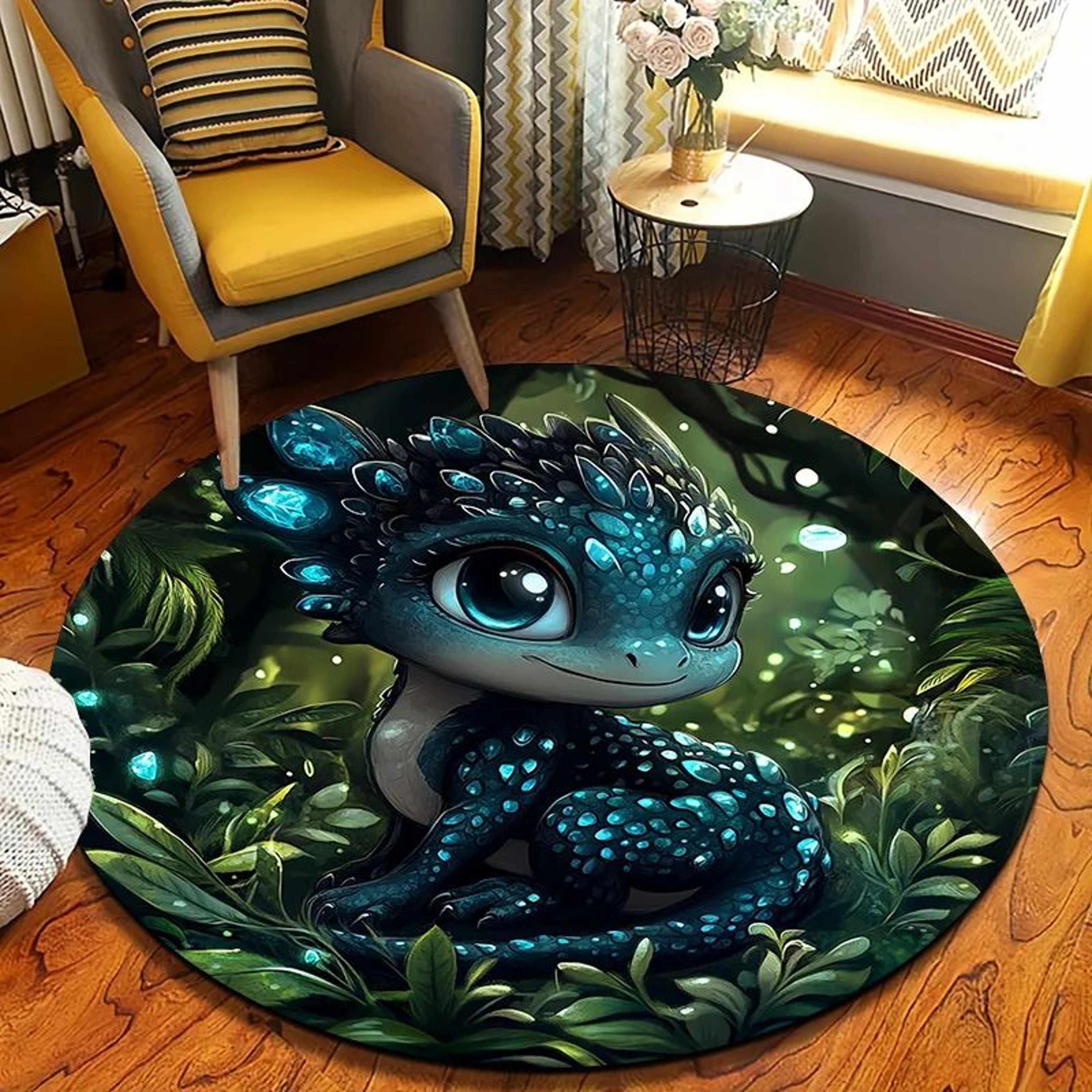 Cartoon Jungle Dragon Round Flannel Floor Mat Rug 4