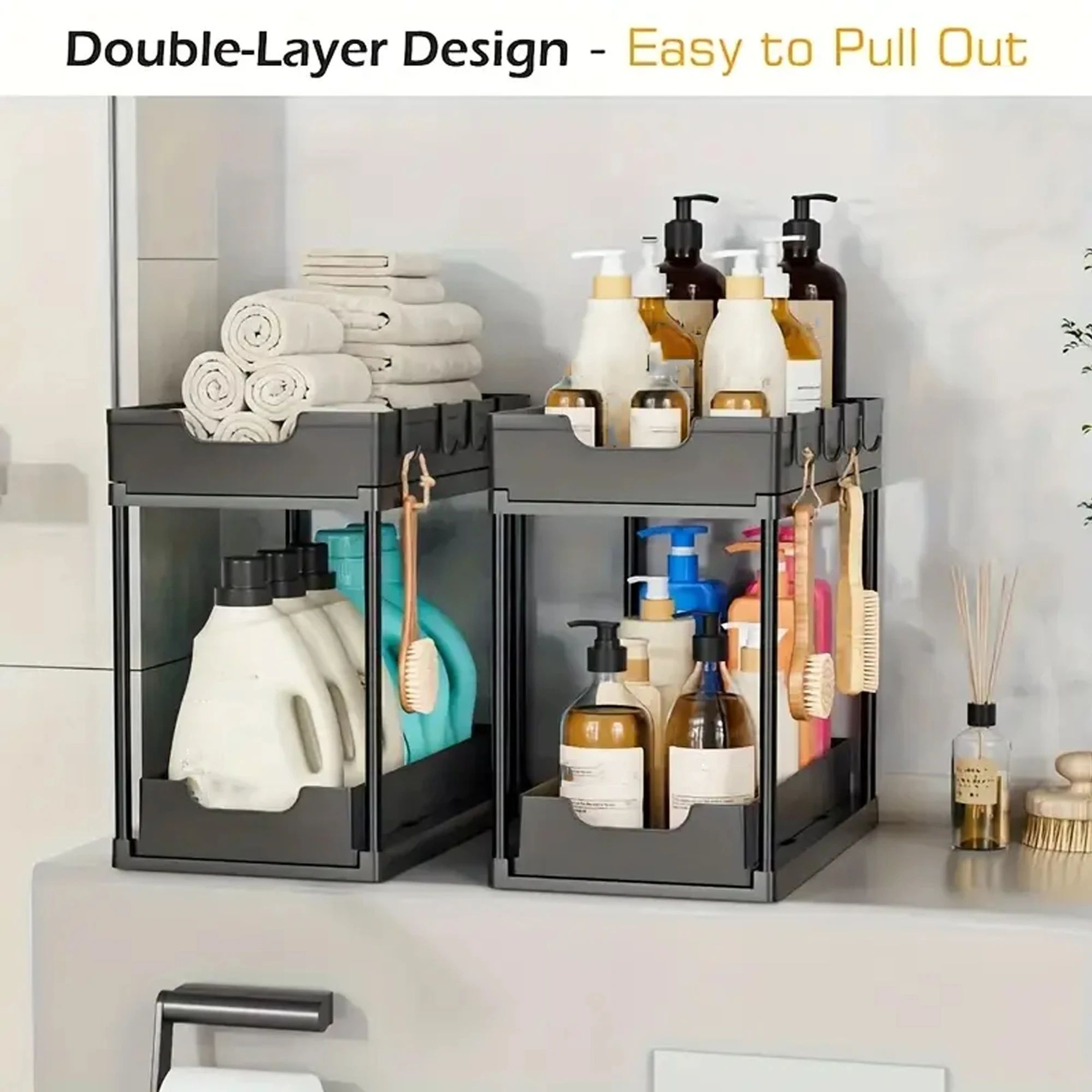 Double Layer Pull Out Under Sink Storage Rack With Hooks 4