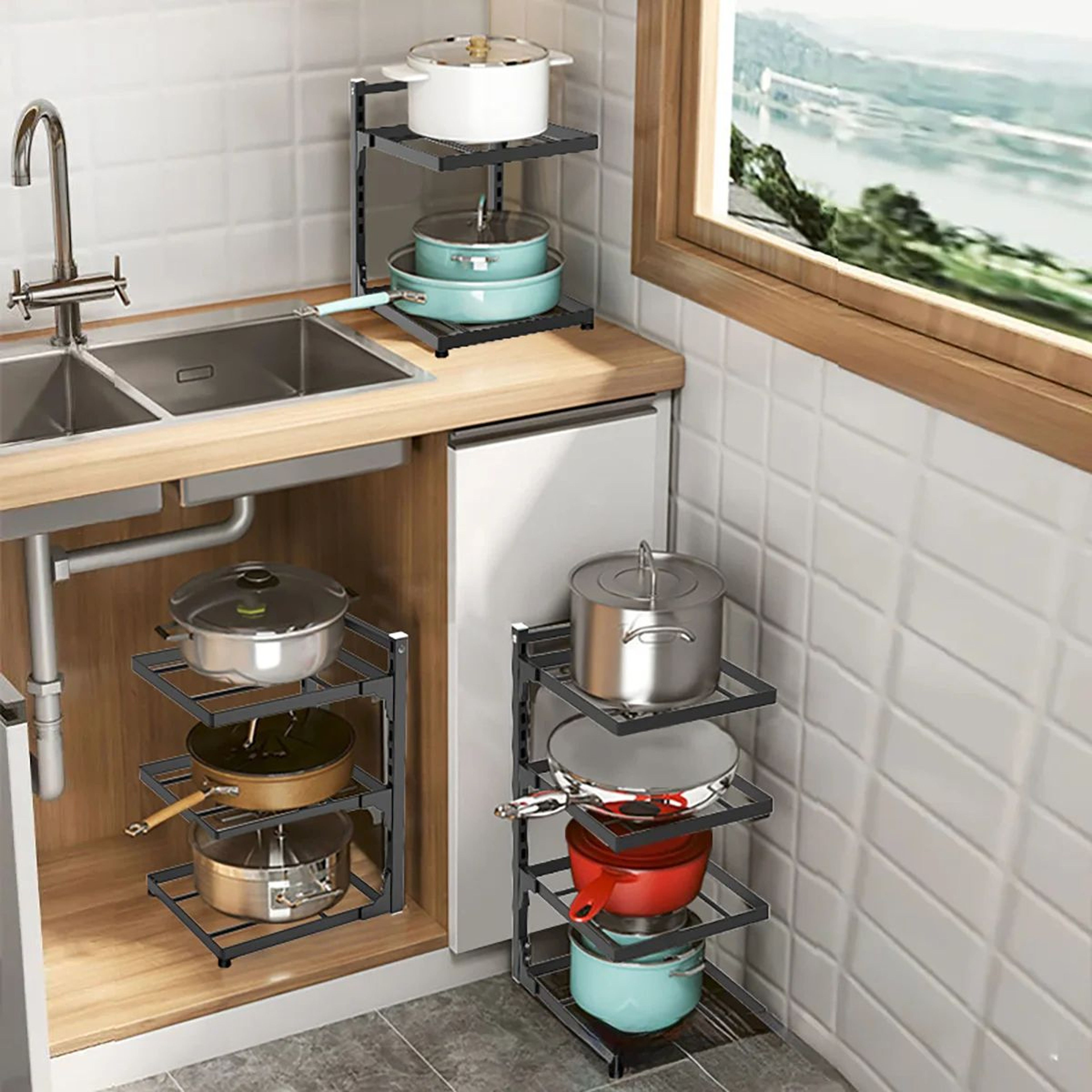 Adjustable 2 To 4 Tier Kitchen Pot Rack Organizer 3