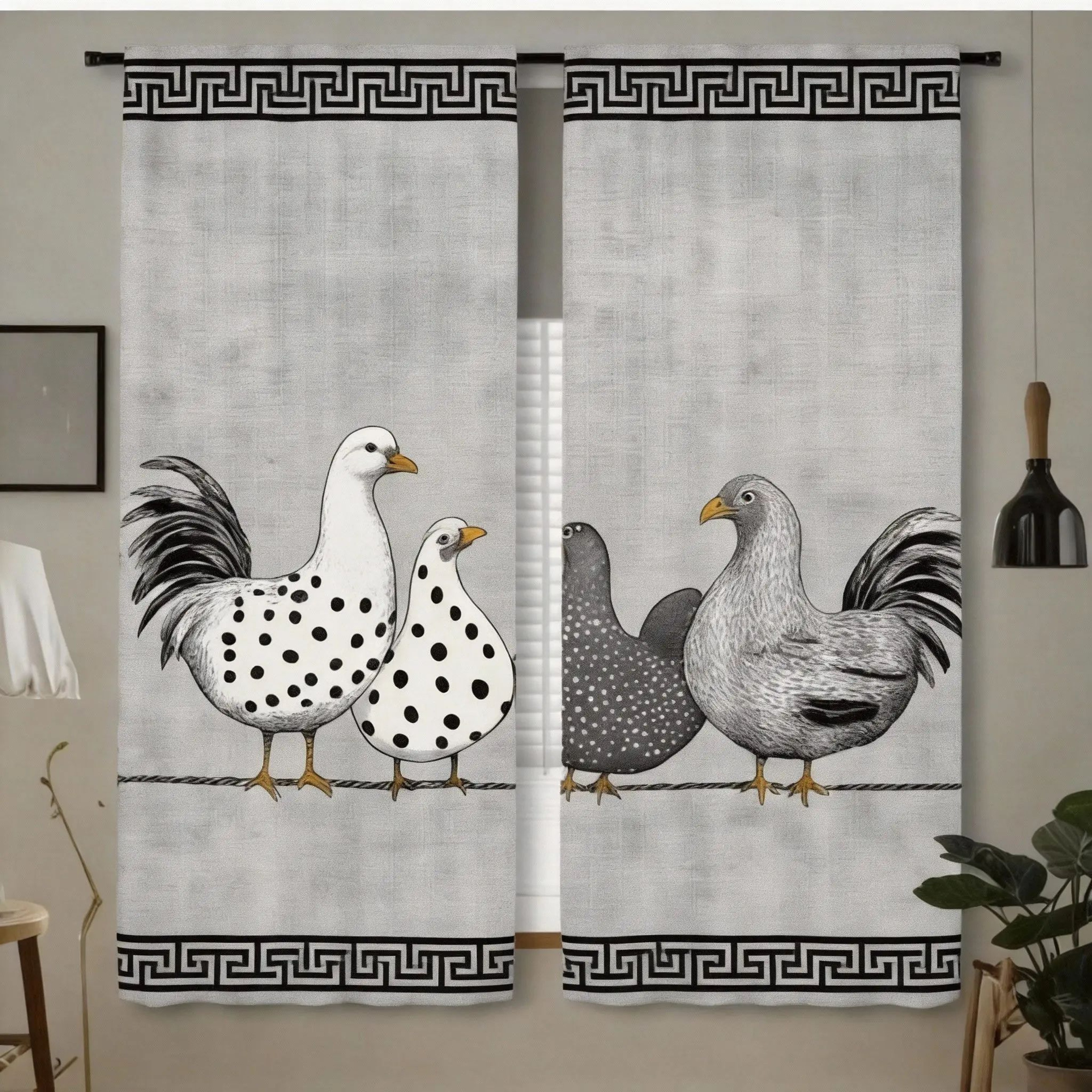 Retro Polka Dot Chicken Cafe Curtains Set 14