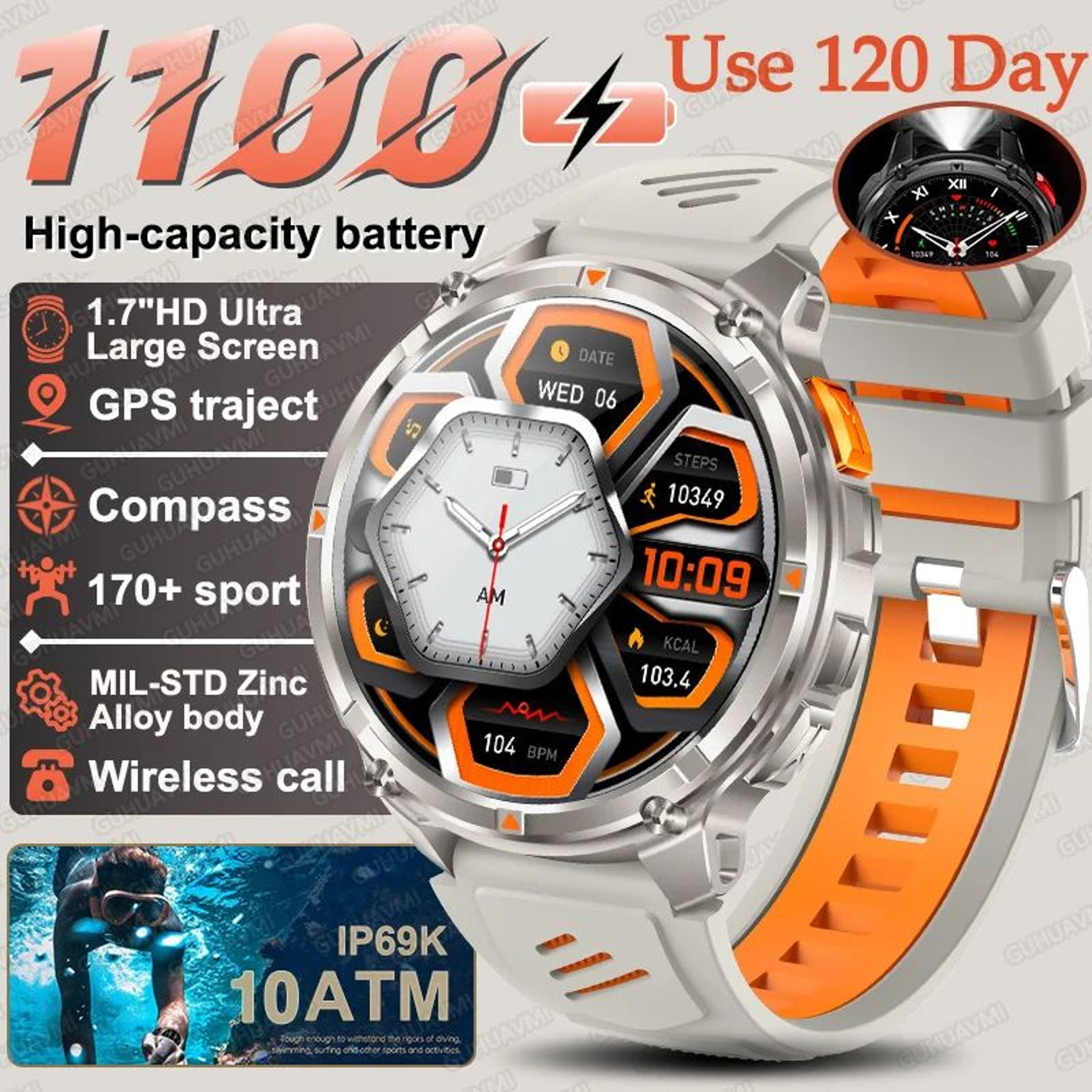 T Rex3 Pro Military Smartwatch GPS Compass 1100mAh Battery 15
