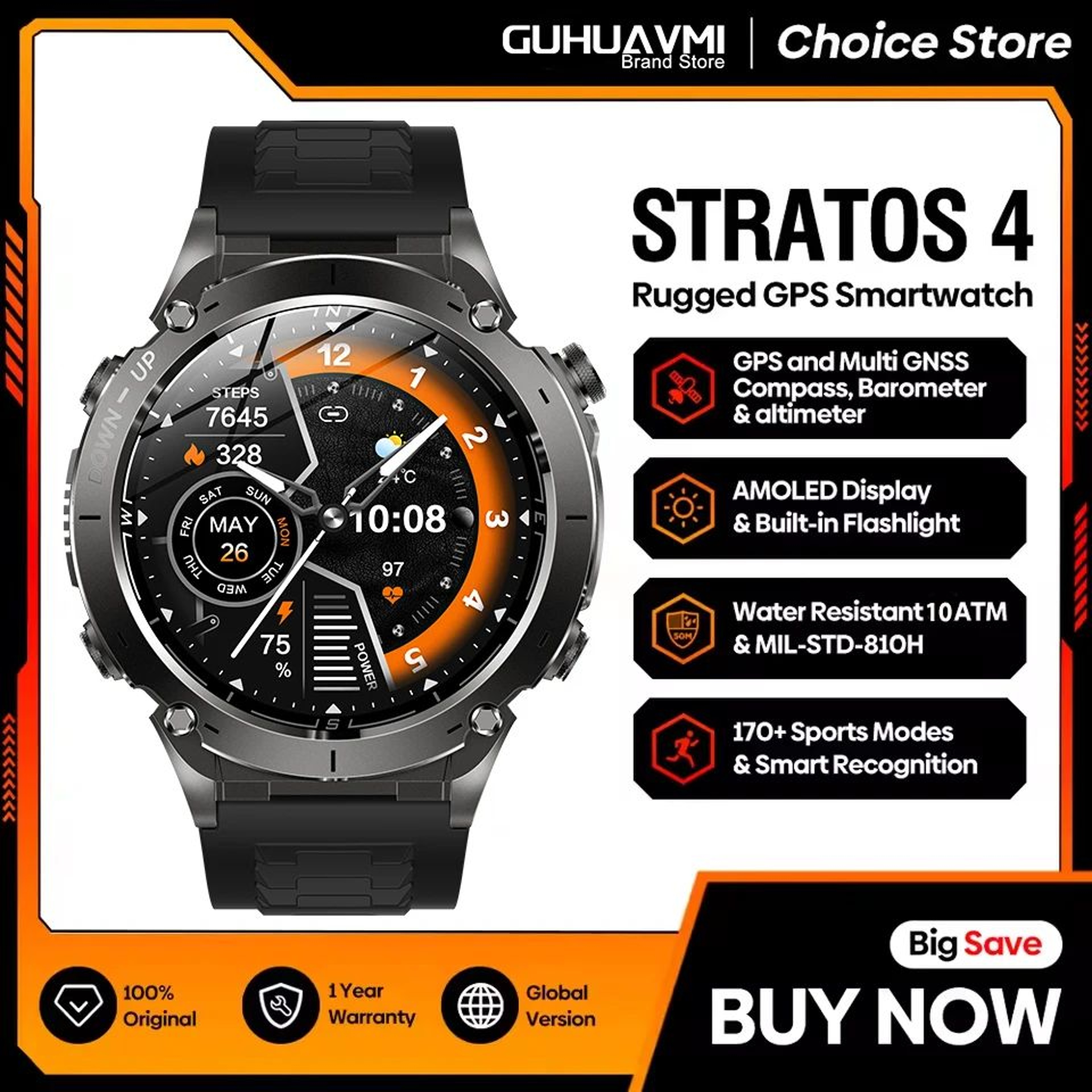 Stratos 4 GPS Smartwatch AMOLED HD Compass Altimeter Call 0