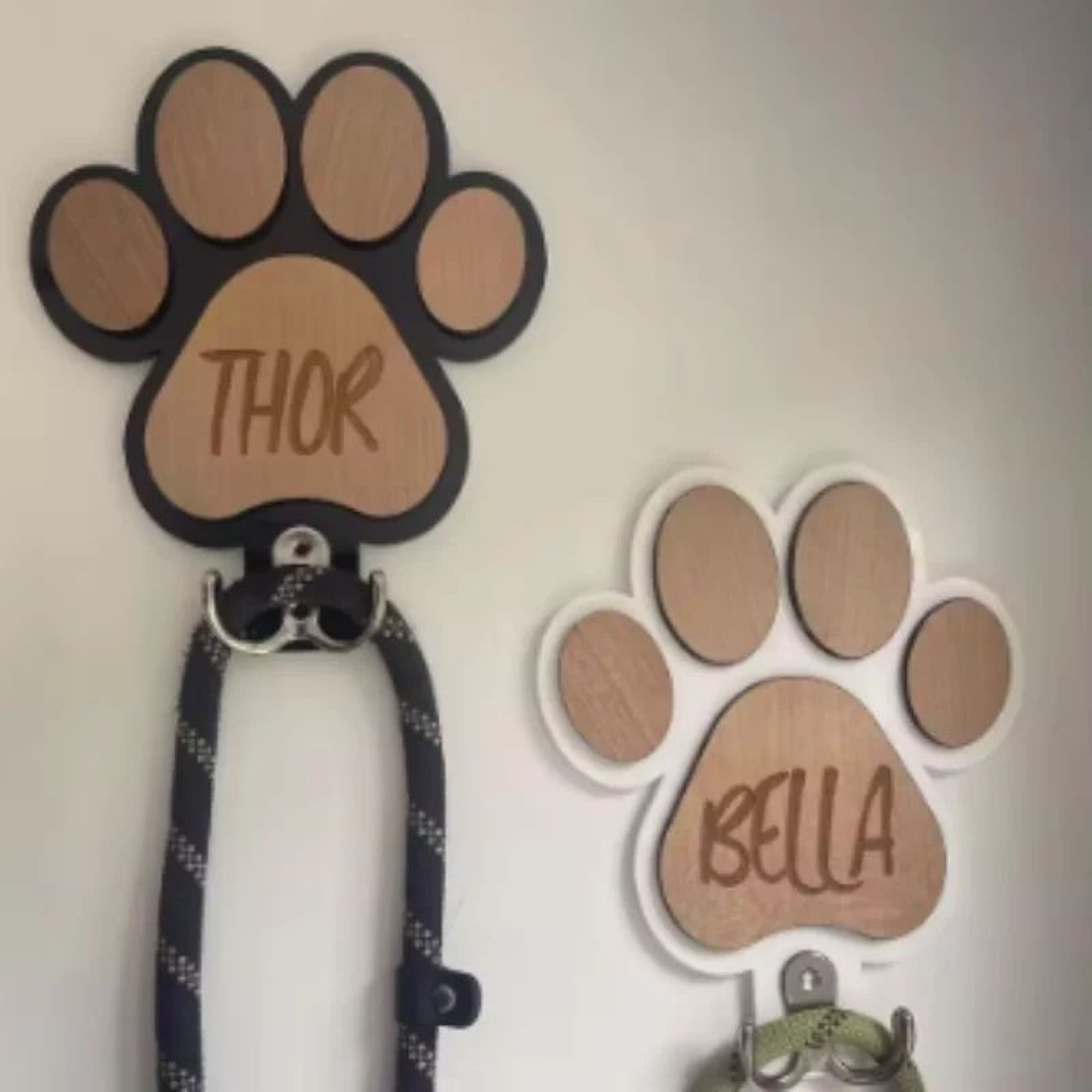 Custom Wooden Paw Print Dog Leash Wall Hook 0
