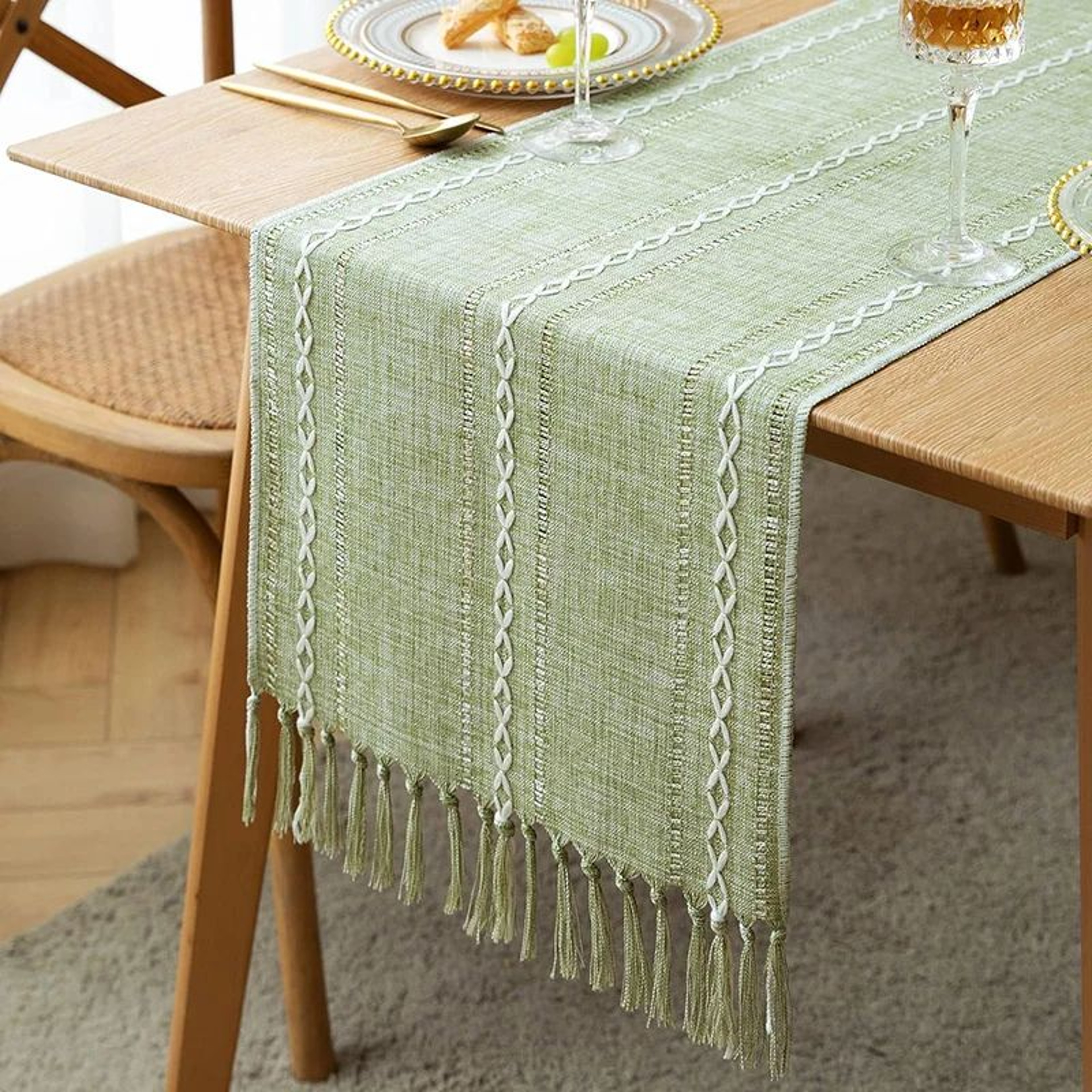 Green Boho Farmhouse Table Runner 0
