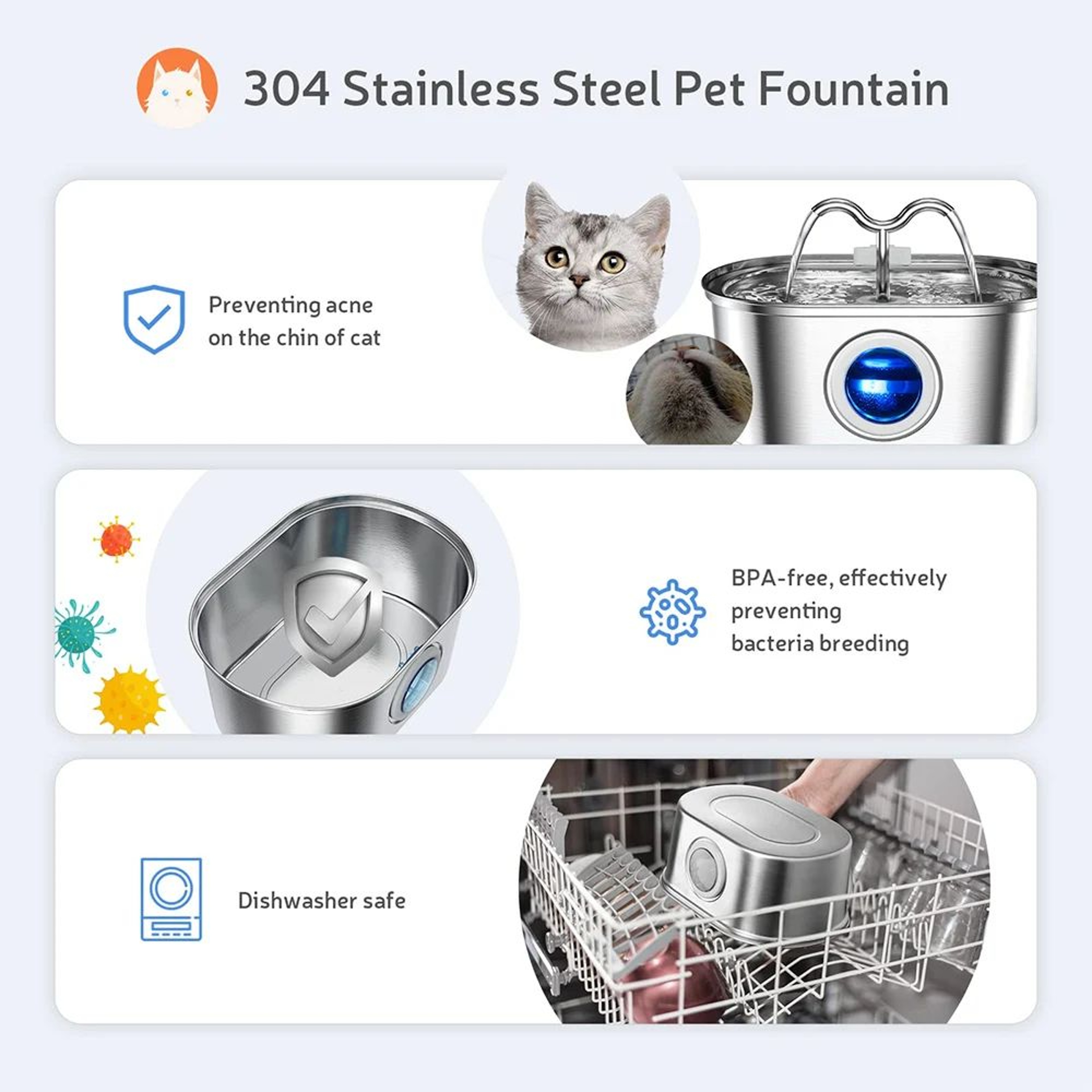32L Stainless Steel Cat Water Fountain With LED 2