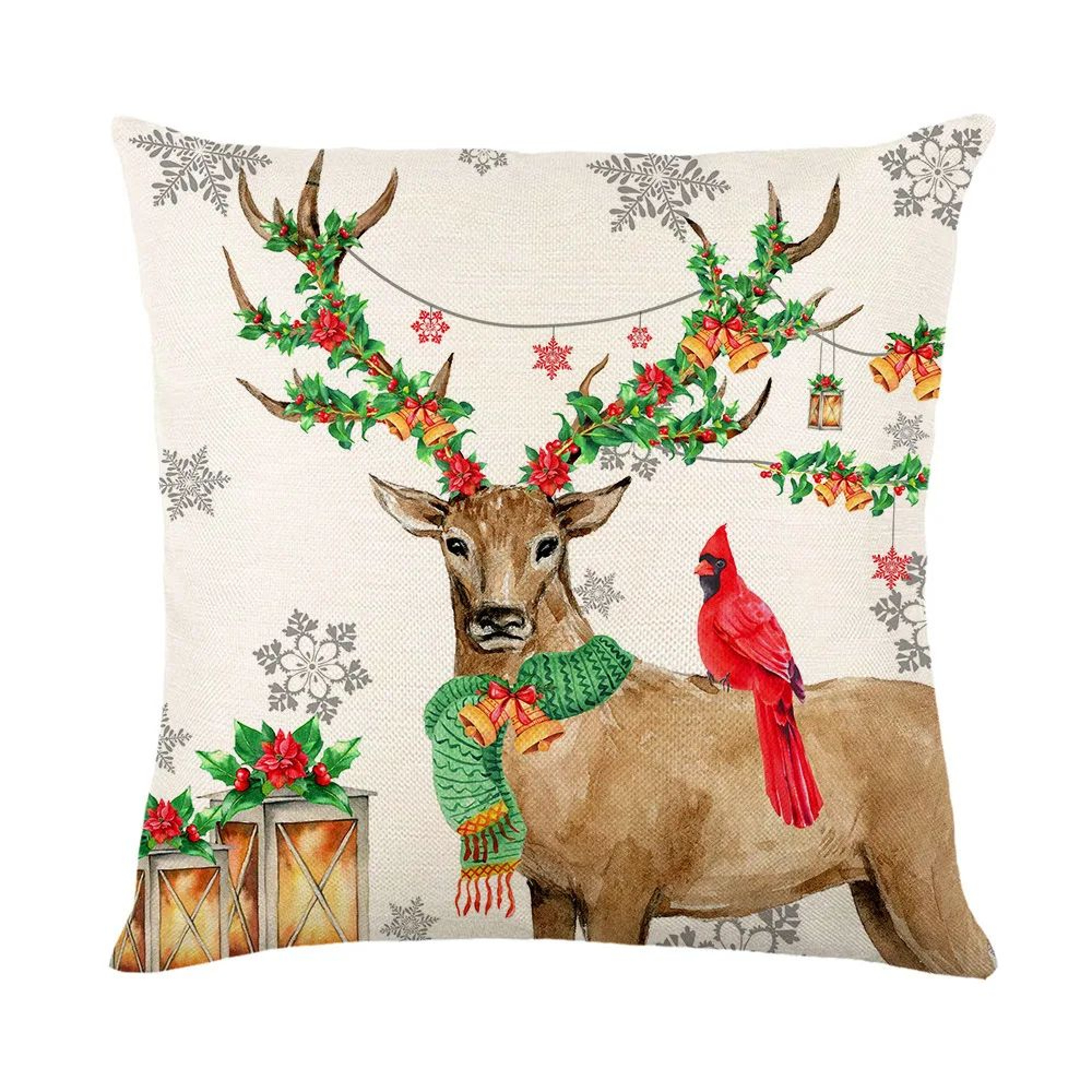Merry Christmas Linen Pillow Cover With Deer And Tree Design 4