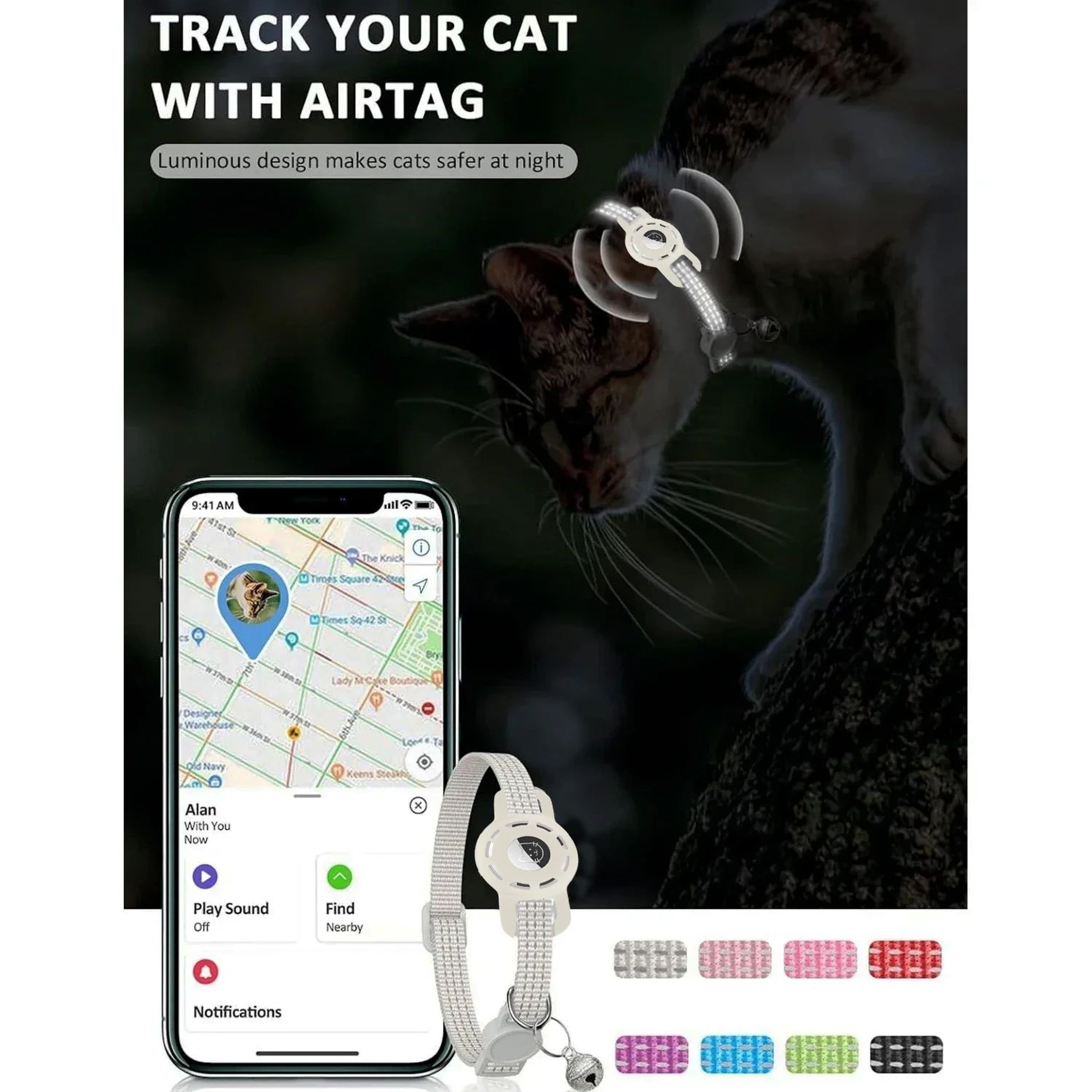 Reflective AirTag With Traker Case Cat Collar With Bell 3