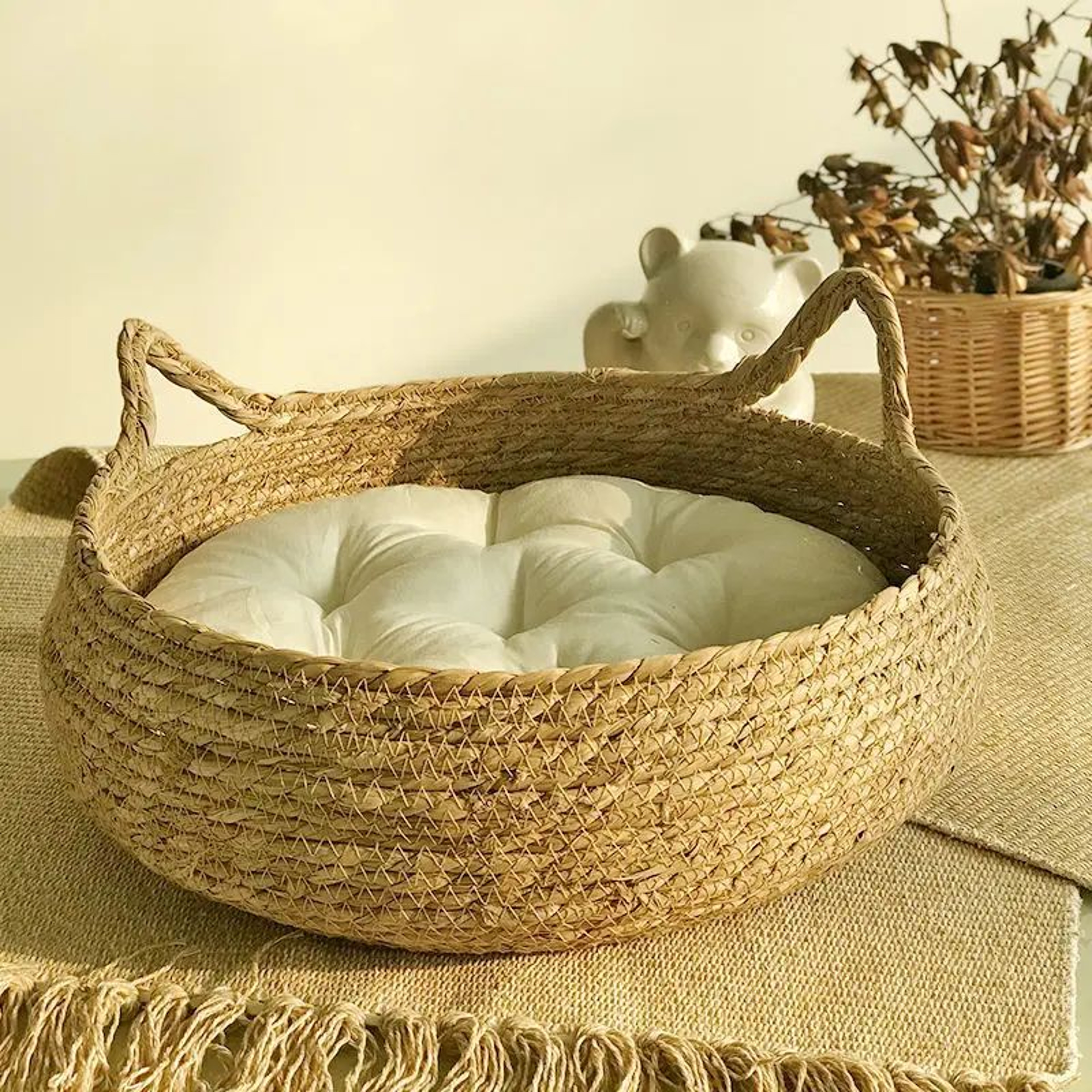 Rattan Woven Cat Basket Bed With Soft Cushion 3