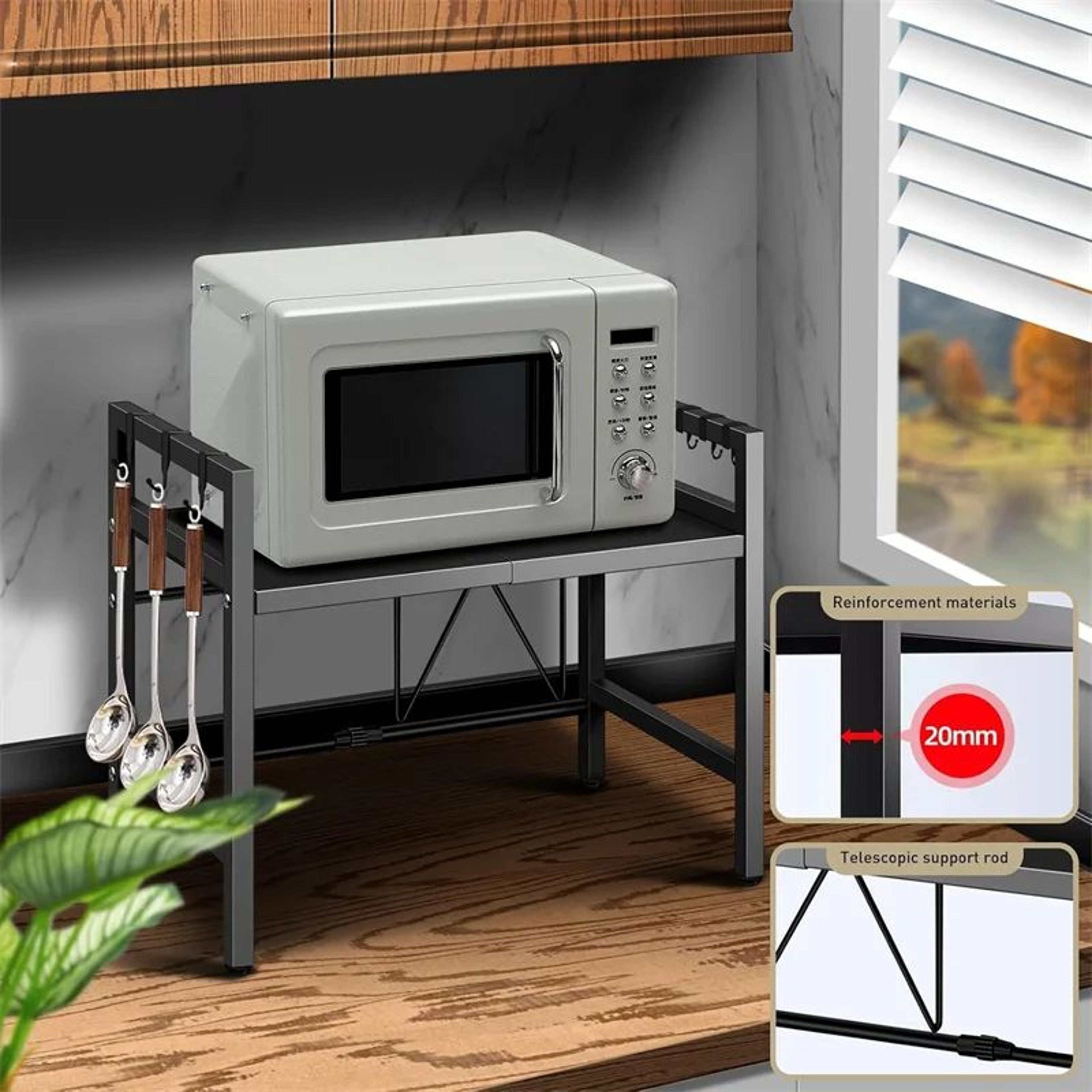 Adjustable Microwave Storage Rack With Hooks 0